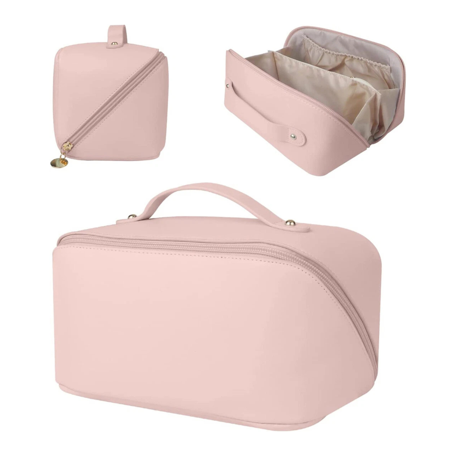 Makeup Brushes Slots Dividers Organizer Large Capacity Travel Cosmetic Bag Pink