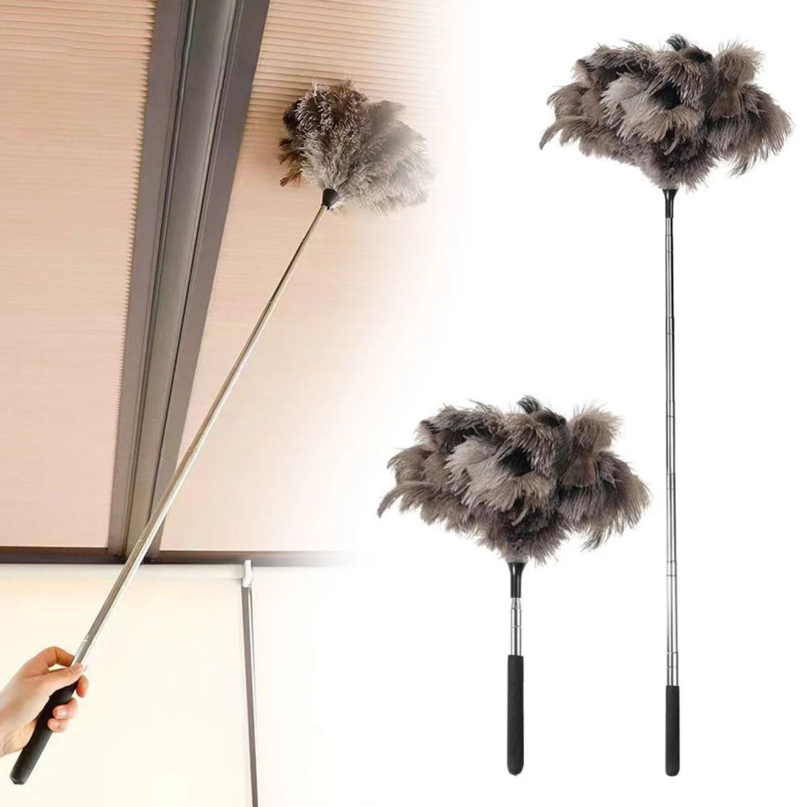 Extendable Fluffy Ostrich Feather Duster Long Dust Cleaning Brush Tool