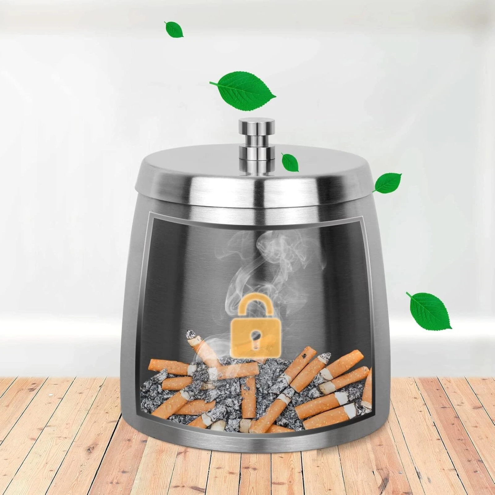 Stainless Steel Outdoor Ashtray with Lid Windproof Rainproof Smoking Bin