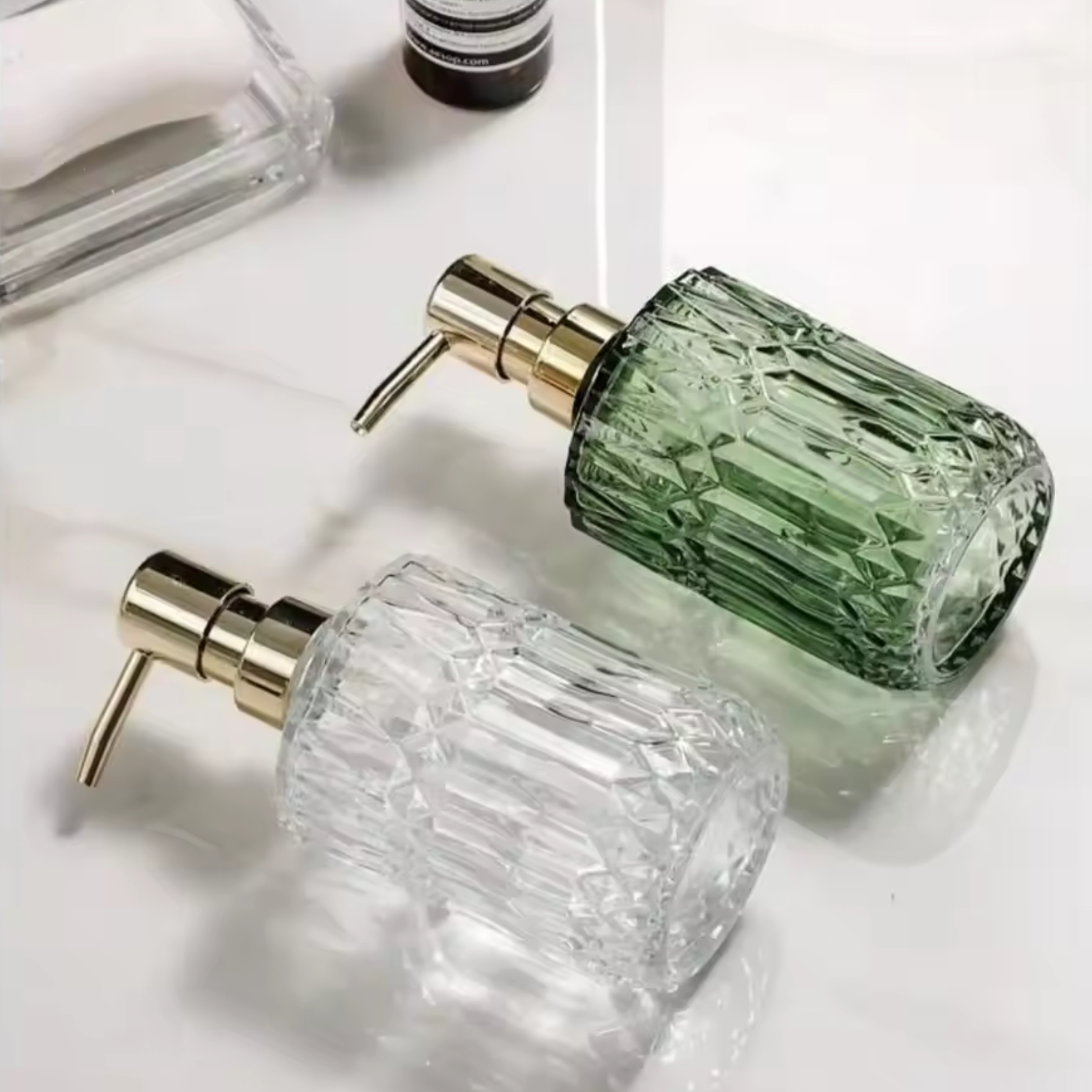 2 Pack Glass Soap Dispenser Refillable Pump White Green Bathroom Set