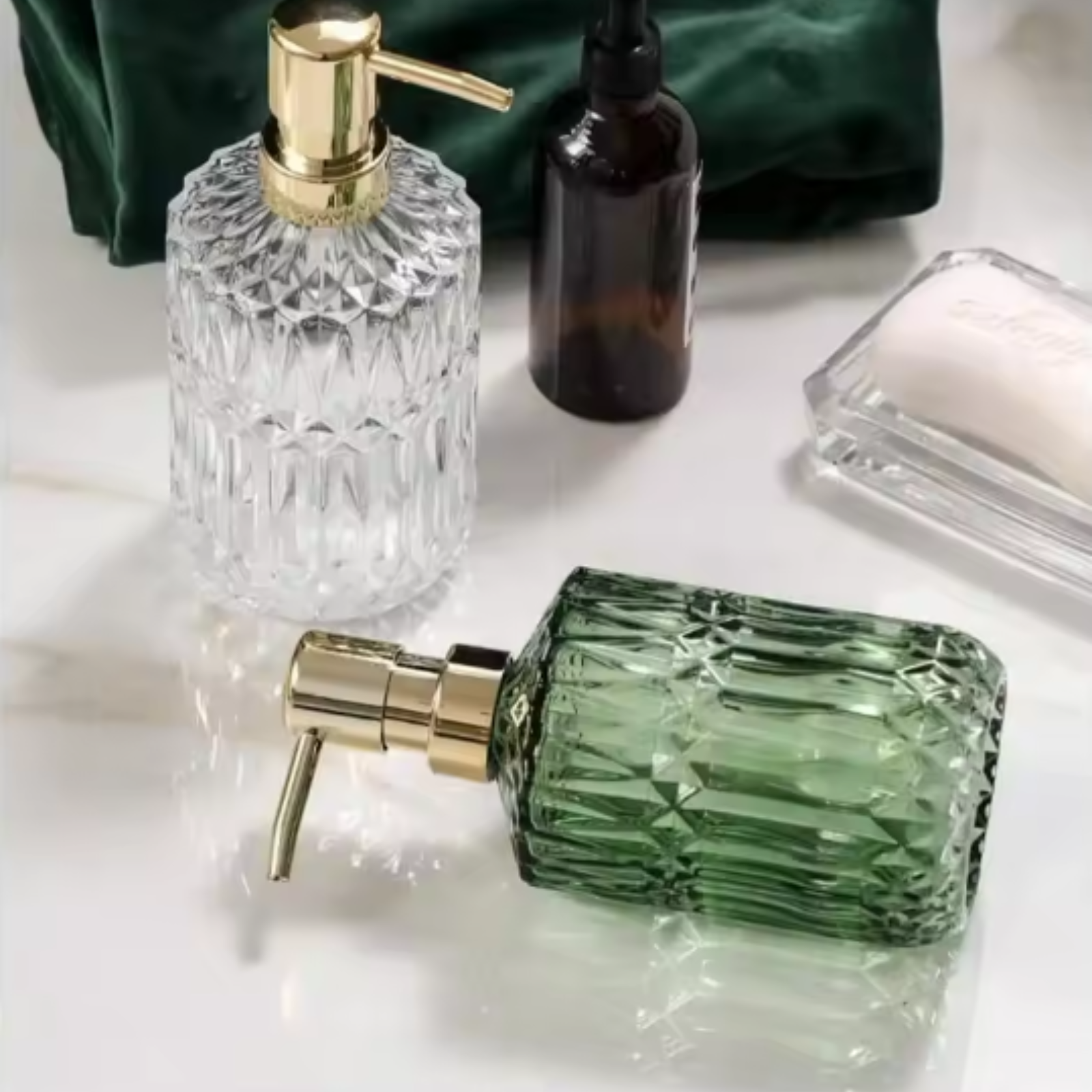 2 Pack Glass Soap Dispenser Refillable Pump White Green Bathroom Set