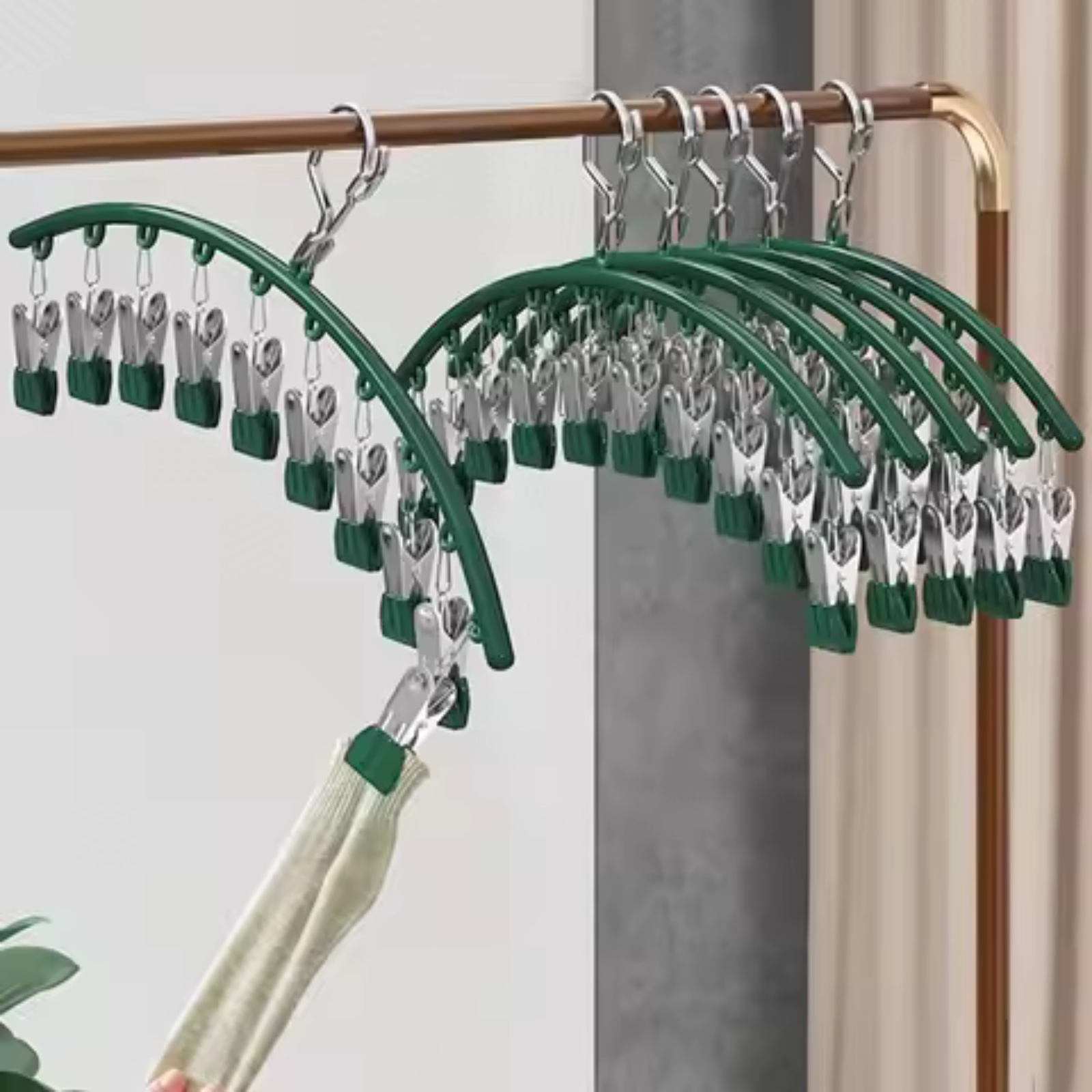 3 Pack Arc Sock Drying Rack Green Clothes Hanger with Clip Holder