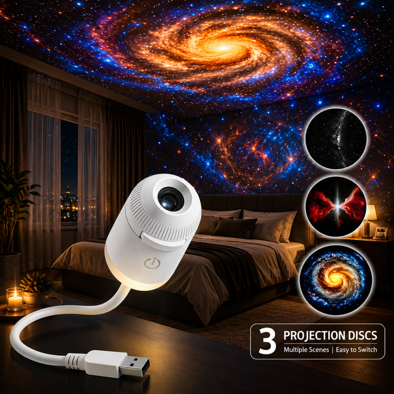 3 Projector Films Galaxy Projector 2 in 1 USB LED Night Light Lamp