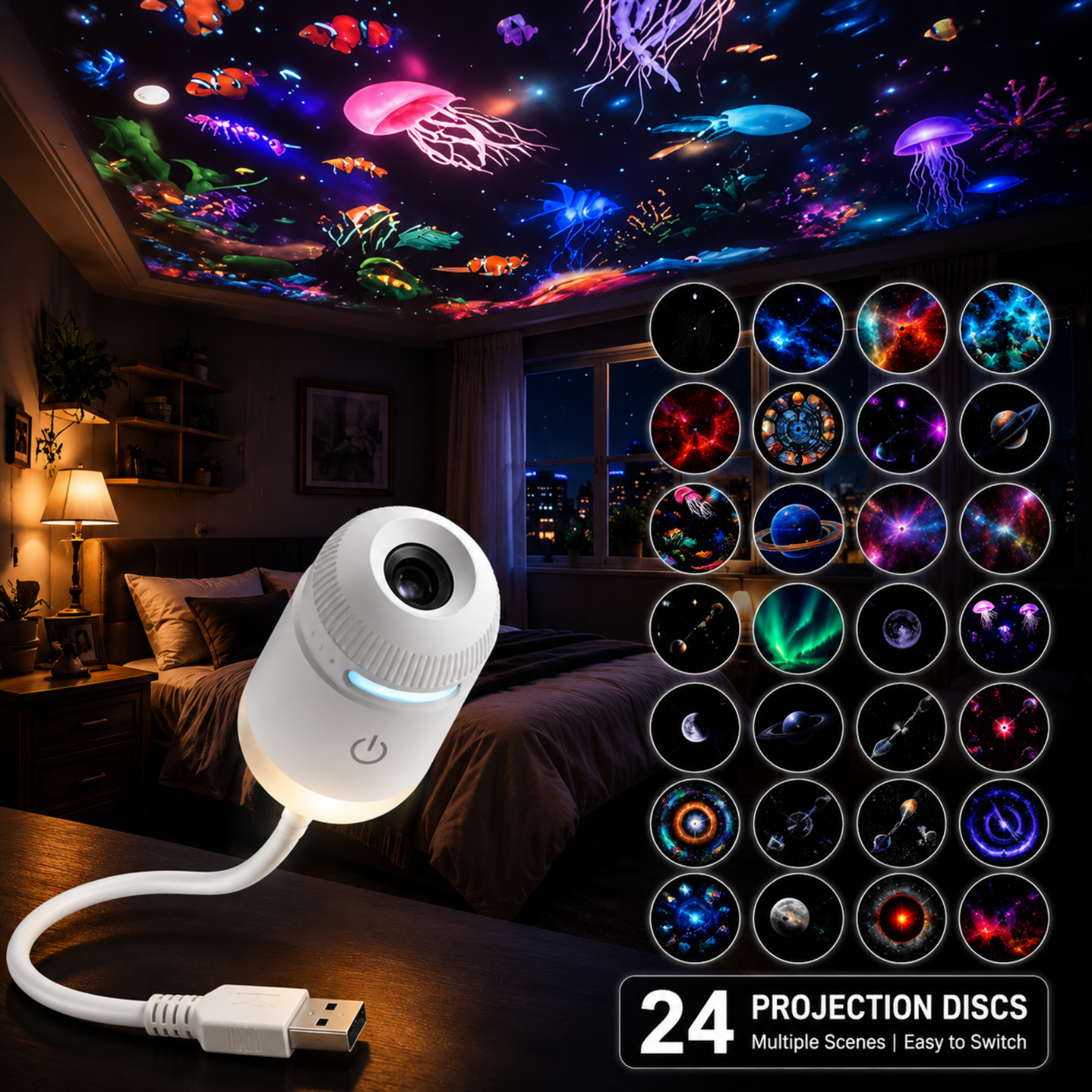 24 Projector Films Galaxy Projector 2 in 1 USB LED Night Light Lamp