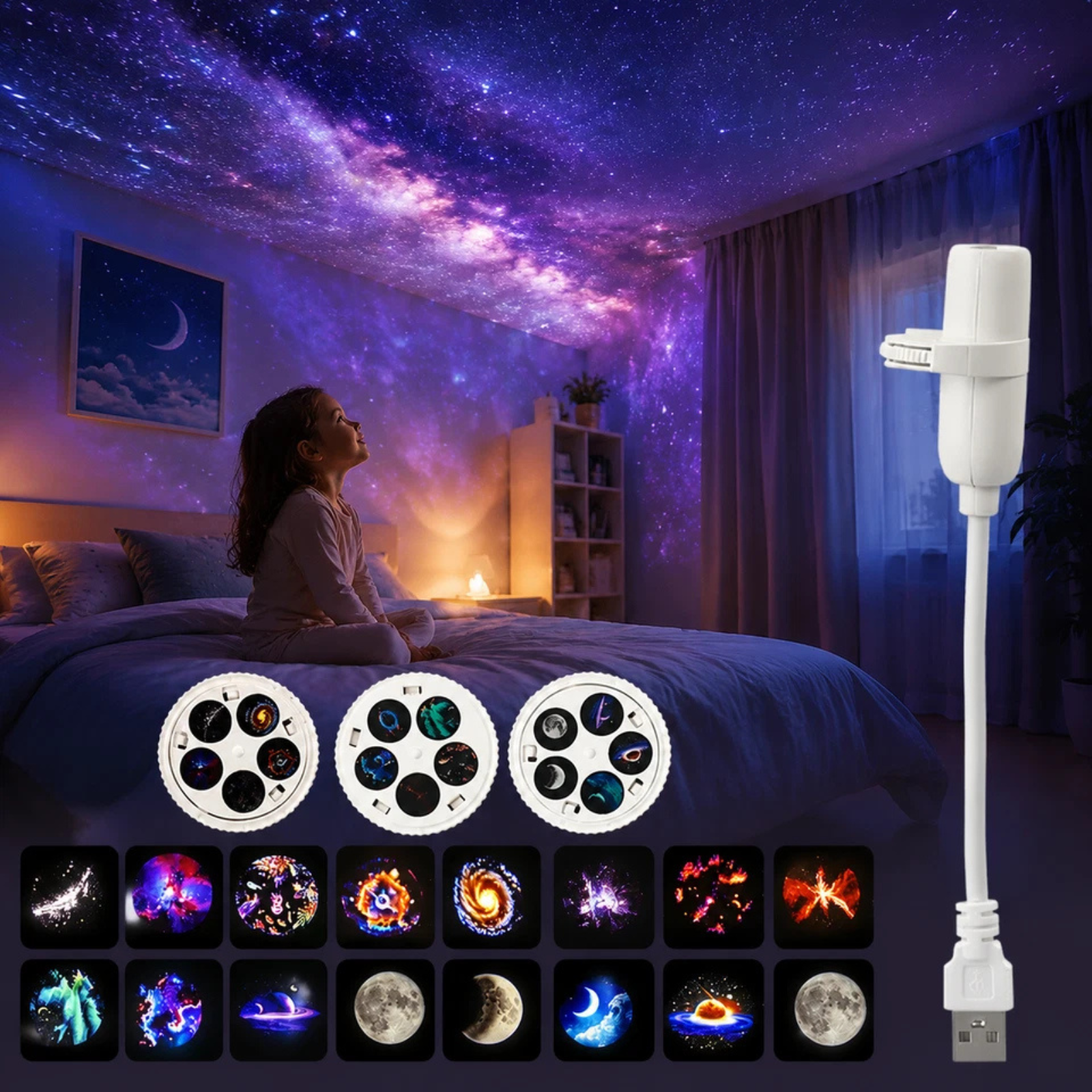 15 Projection Films 2 in 1 Galaxy Star Projector Night Light USB Portable LED