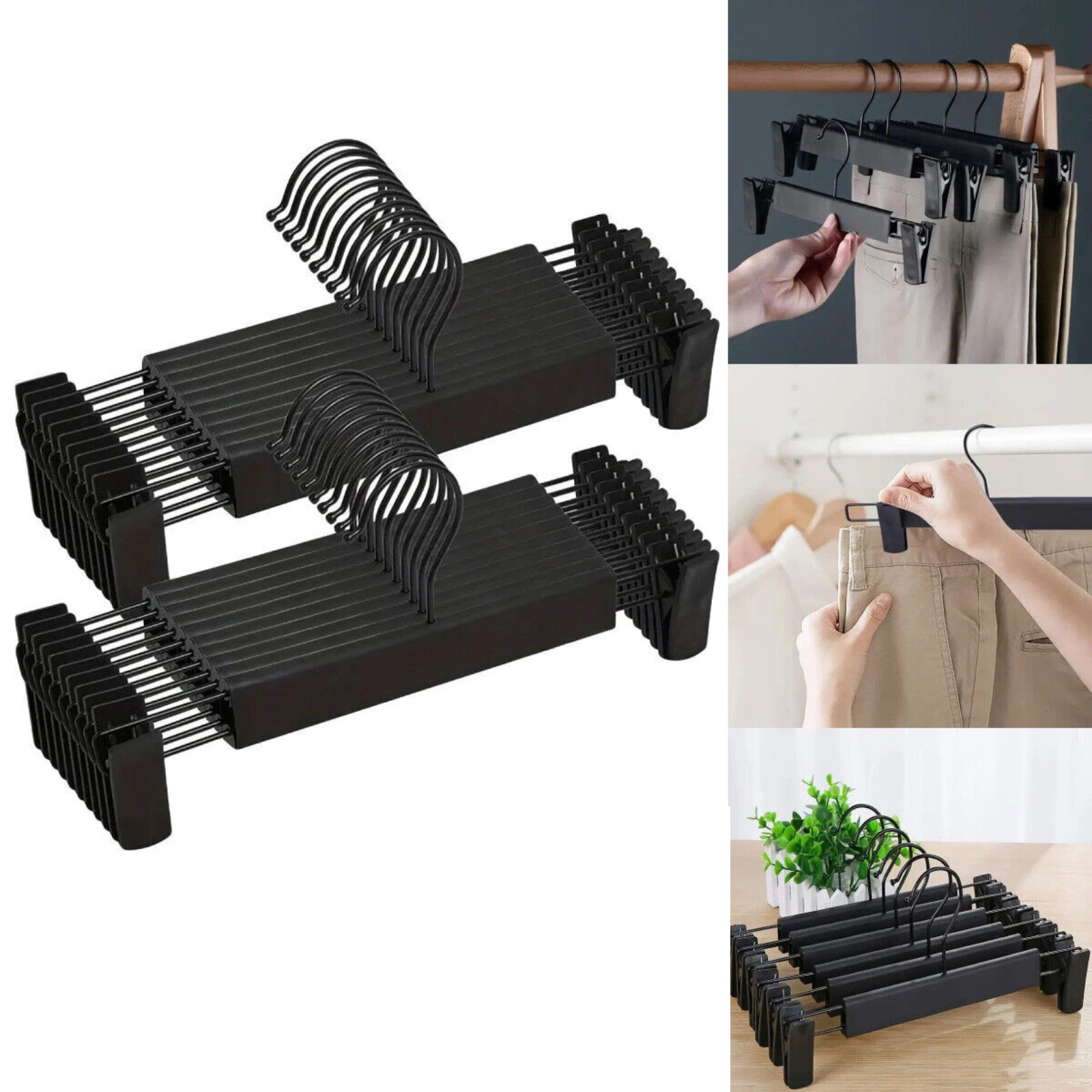 20 Pack Black Non Slip Plastic Trouser Hangers with Clips Wardrobe