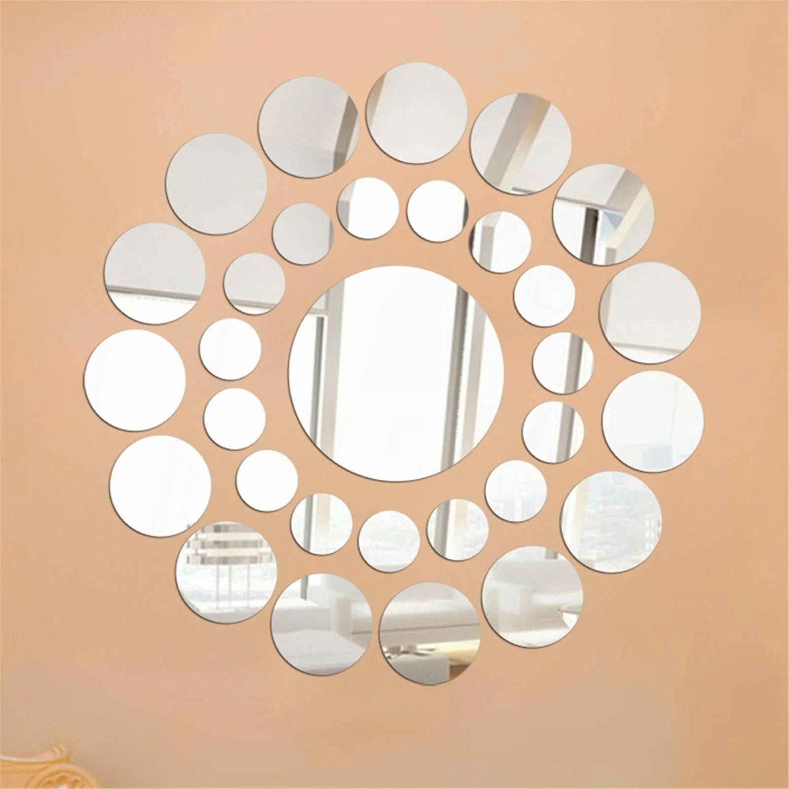 26x Round Mirror Wall Stickers DIY Bedroom Home Decor Silver Tiles