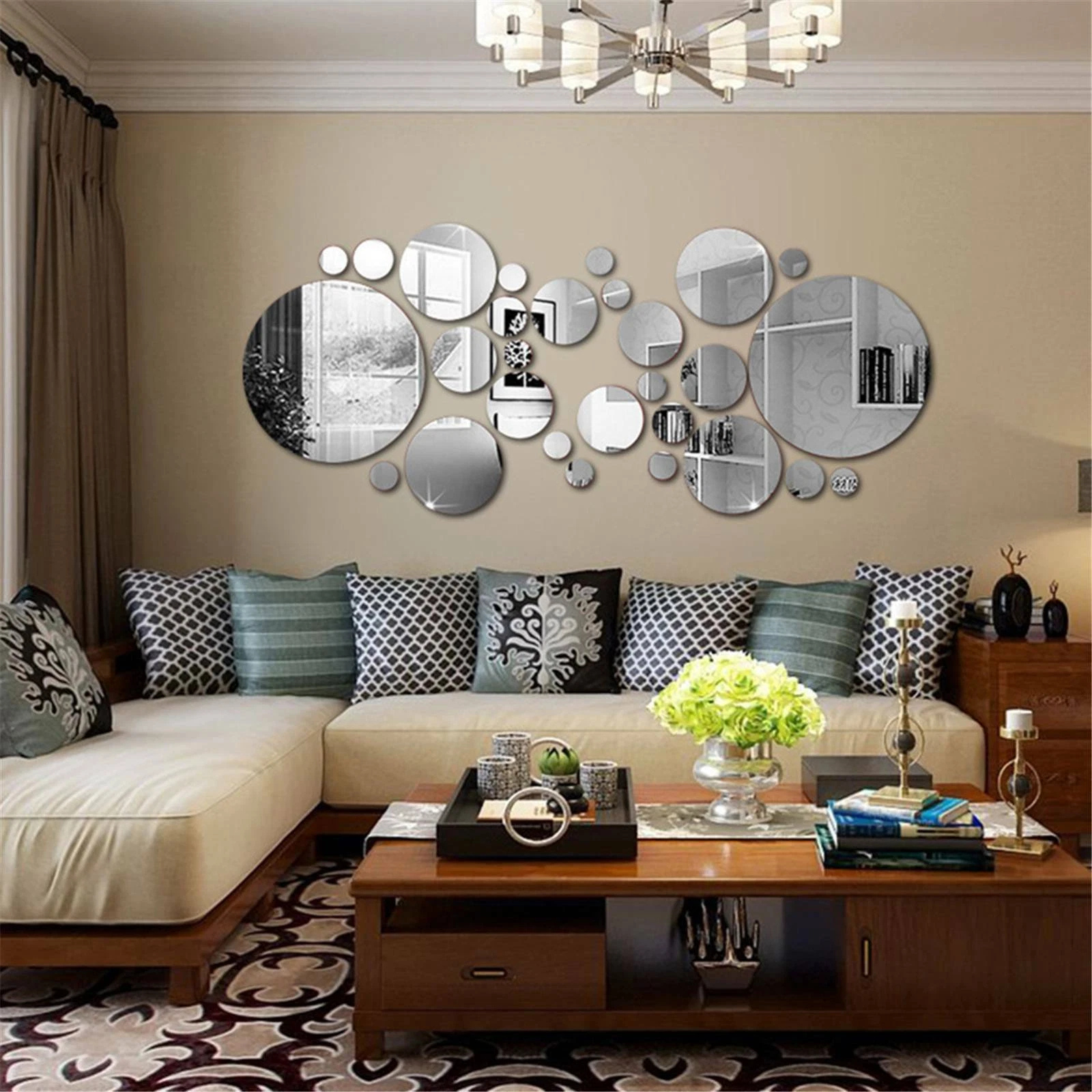 26x Round Mirror Wall Stickers DIY Bedroom Home Decor Silver Tiles