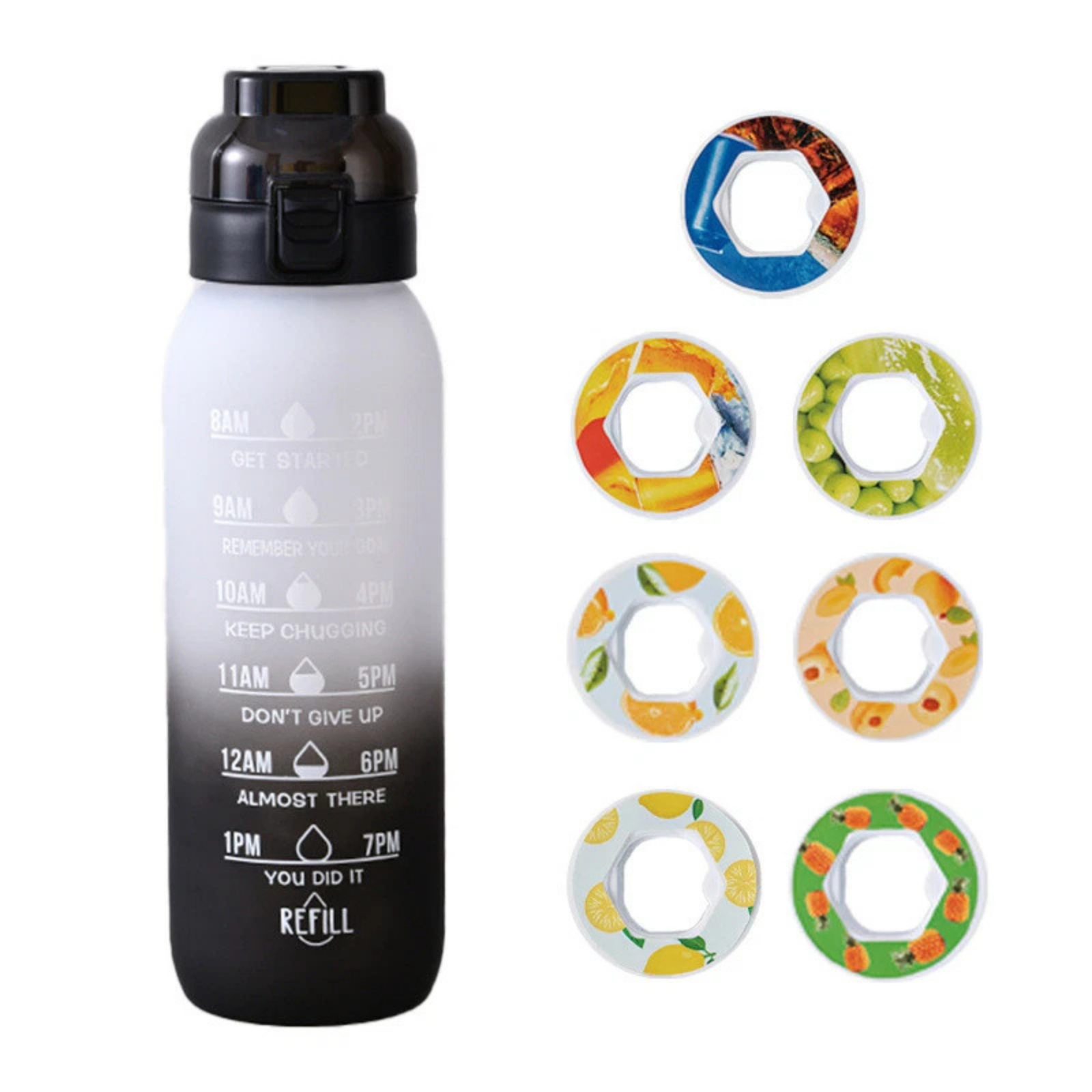1L Water Bottle White Black with 7 Fruit Flavour Pods Leakproof Design