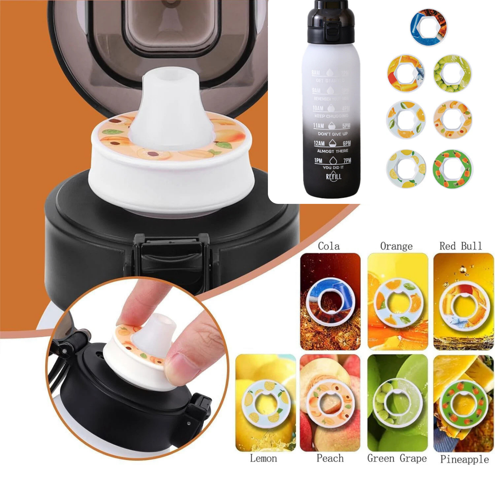 1L Water Bottle White Black with 7 Fruit Flavour Pods Leakproof Design