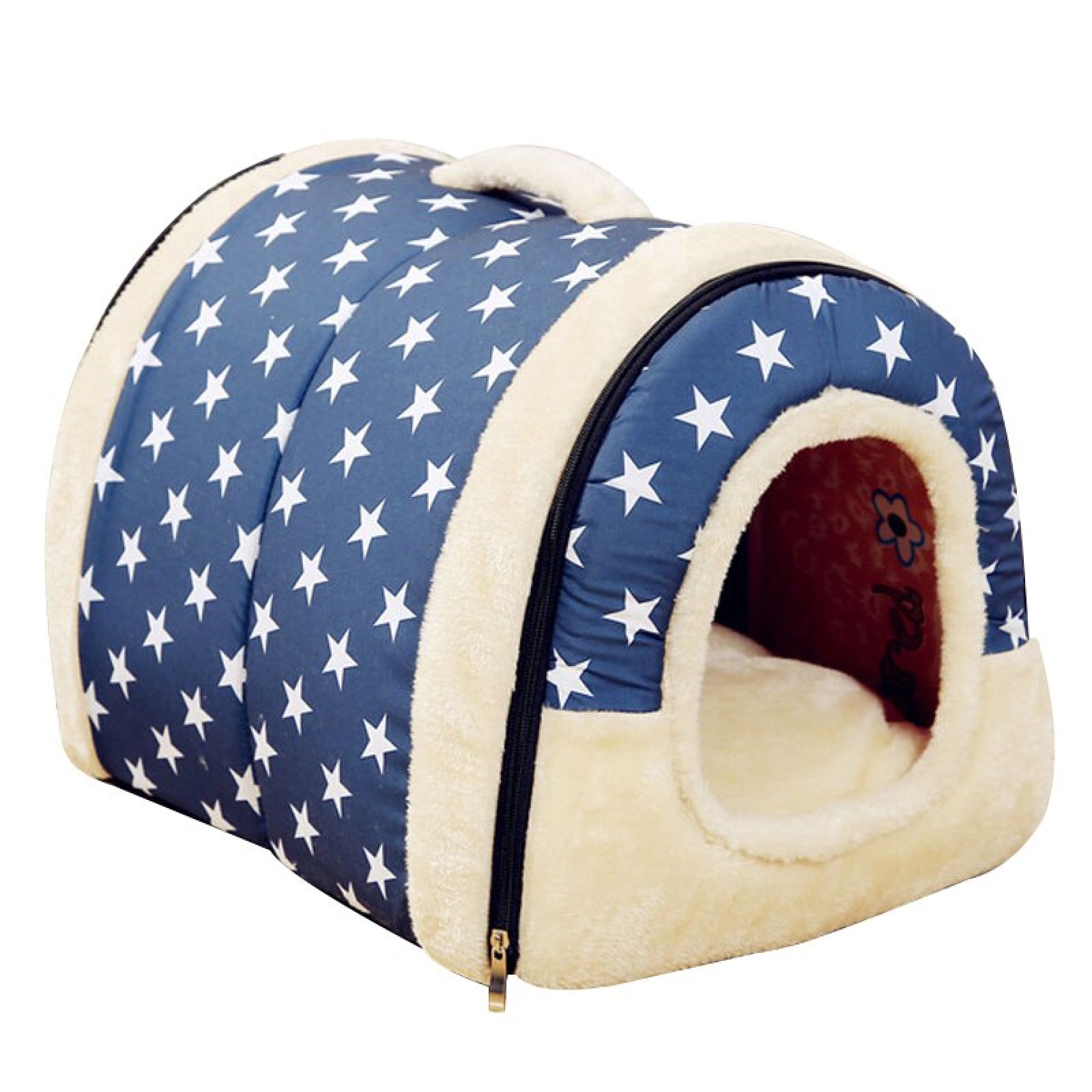 Pet Dog House Kennel Soft Puppy Cat Cave Beds Doggy Warm Cushion Blue Stars L