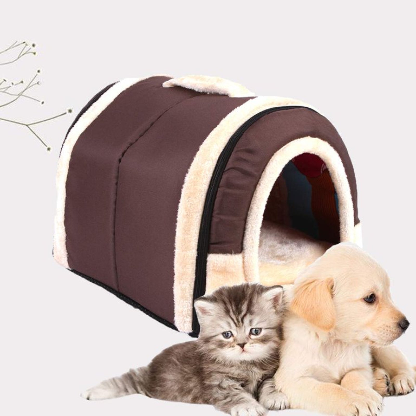 Pet Dog House Kennel Soft Puppy Cat Cave Beds Doggy Warm Cushion Brown L