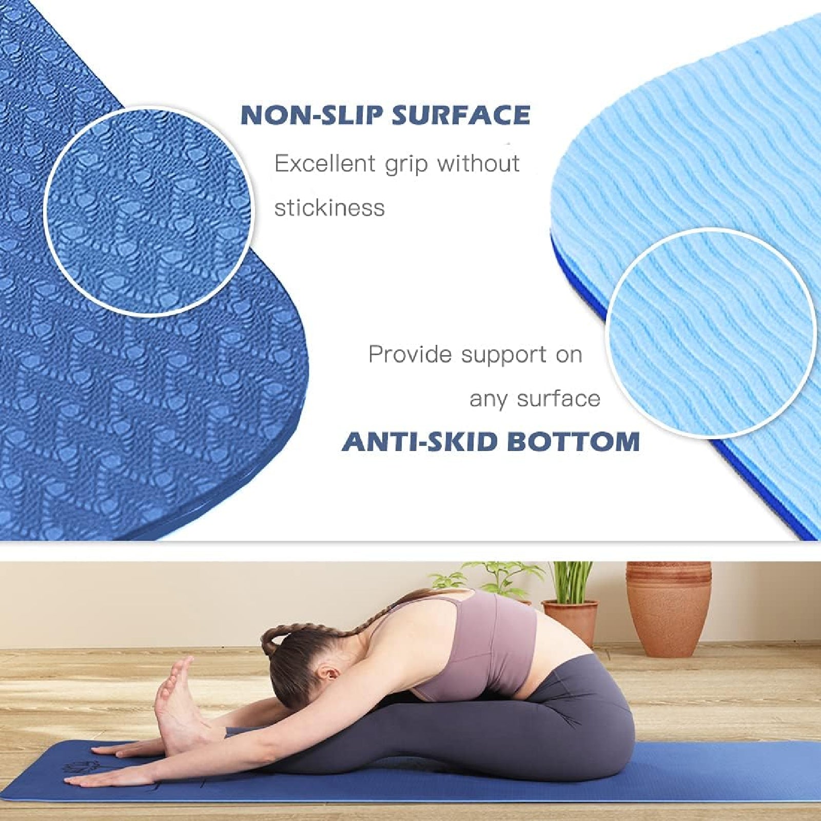Yoga Mat Pad Exercise Fitness Pilates Non Slip Dual Layer Eco Friendly Mat Blue