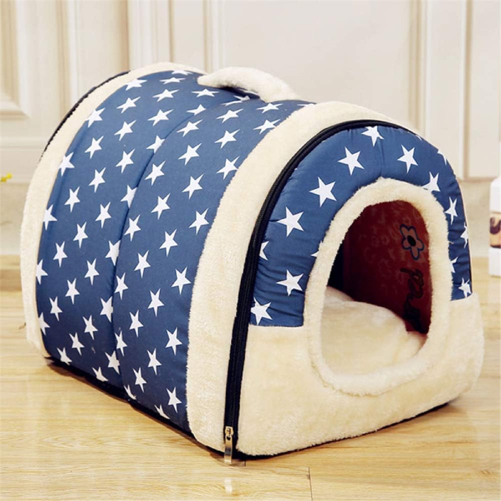 Pet Dog House Kennel Soft Puppy Cat Cave Beds Doggy Warm Cushion Blue Stars L