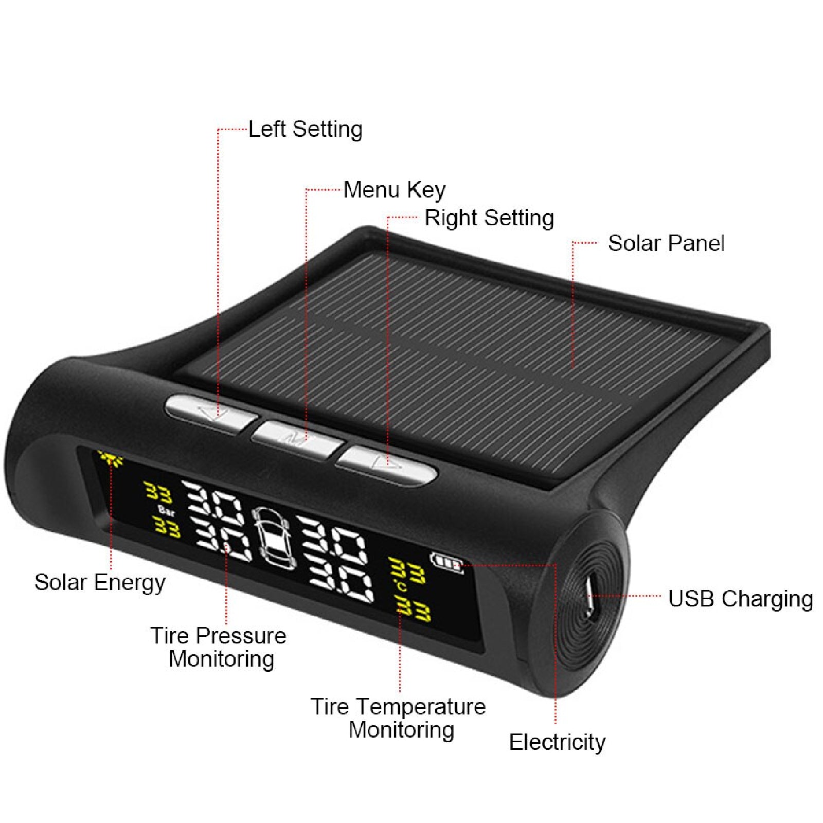 Tire Pressure Monitoring System Solar Wireless Car Tyre Monitoring Sensors