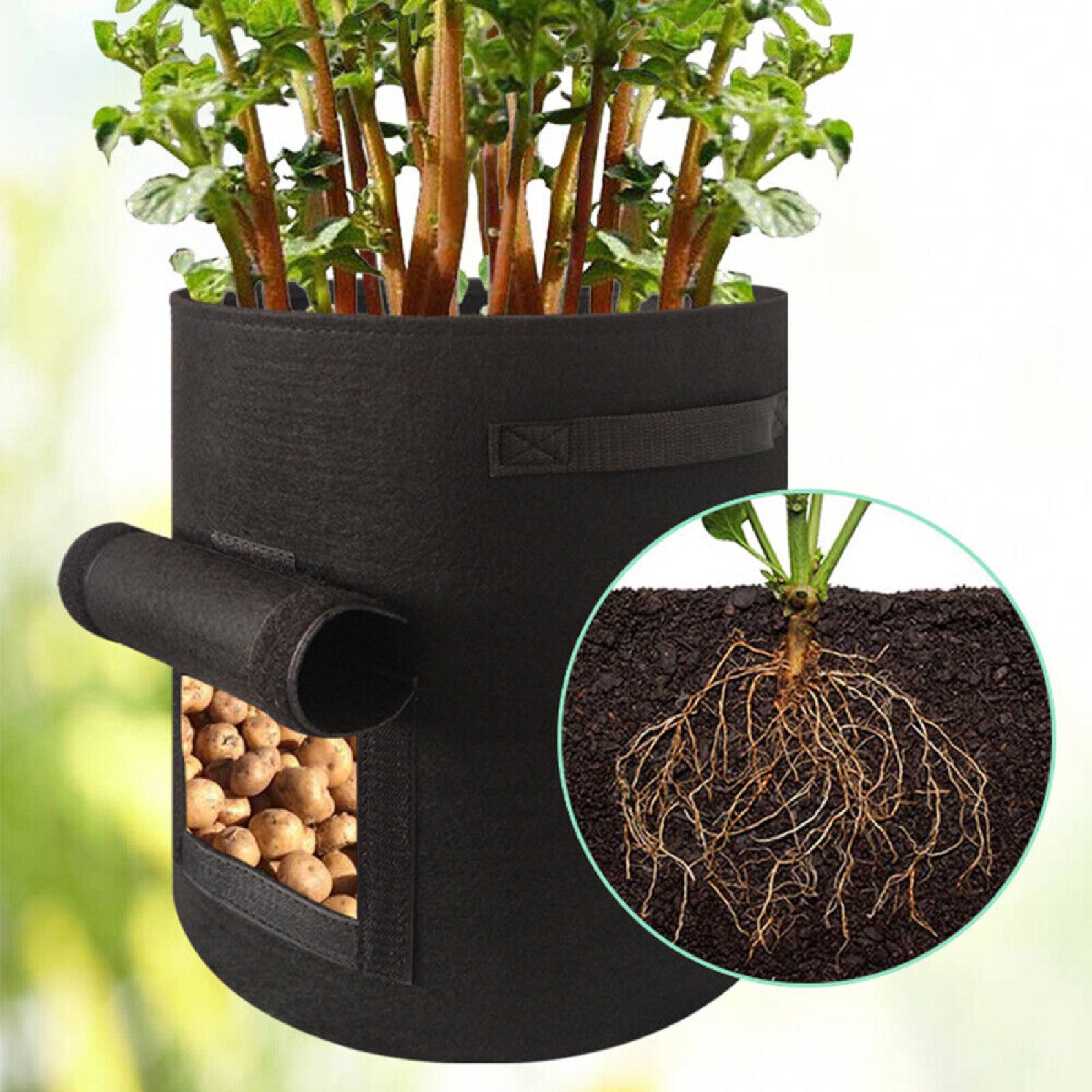 Potato Grow Planter Container Pot Side Window Pouch Root Plant Growing Bag Black
