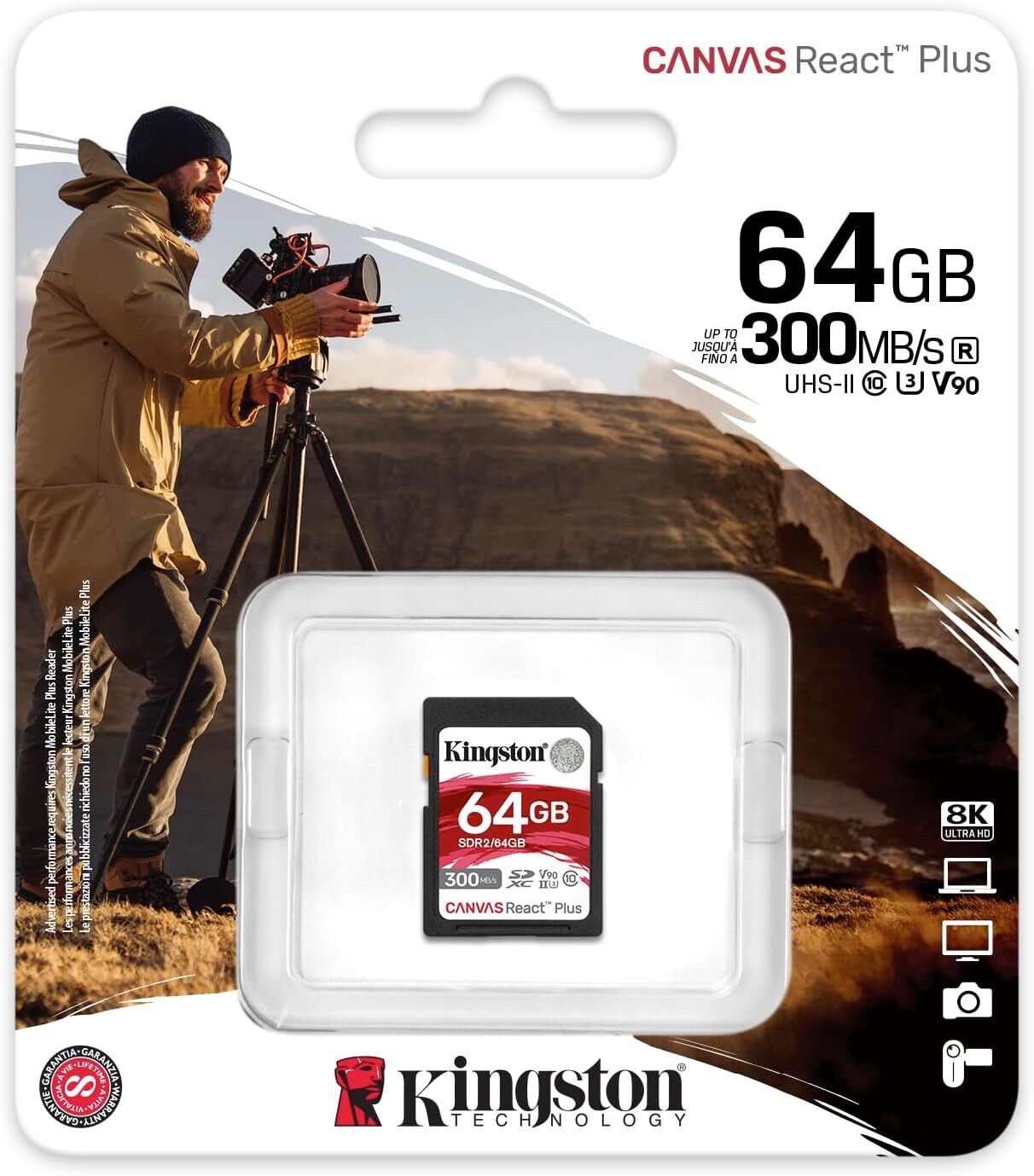 SD Memory Card Kingston 64GB V90 UHS-II Canvas React Plus SD 8K/3D/VR Cameras