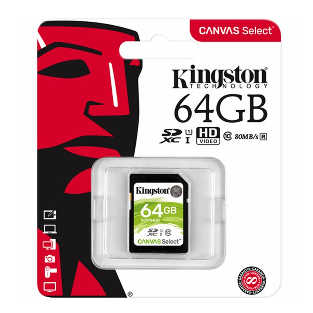 Kingston Canvas Select 64GB SD Card Class 10 SDHC UHS-I Camera HD Video 80MB/s