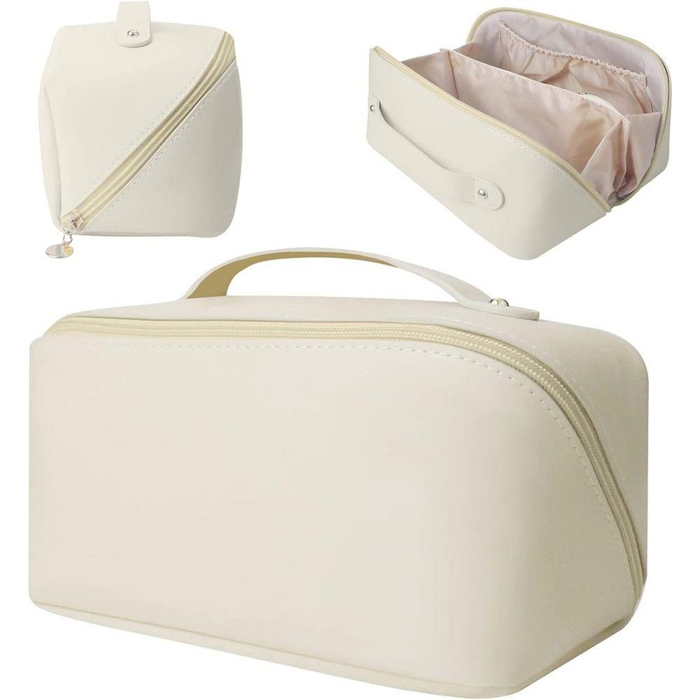 Makeup Brushes Slots Dividers Organizer Large Capacity Travel Cosmetic Bag White