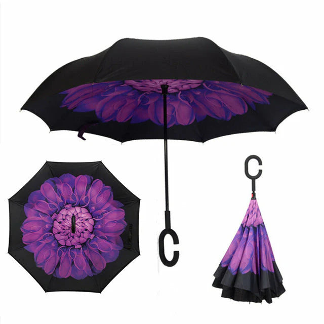 Windproof Double Layer Umbrella Reverse C-handle Upside Down Inverted Blossom