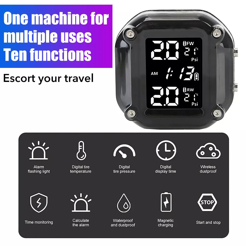 Tire Pressure Monitor System Wireless Motorcycle TPMS 2 External Sensors