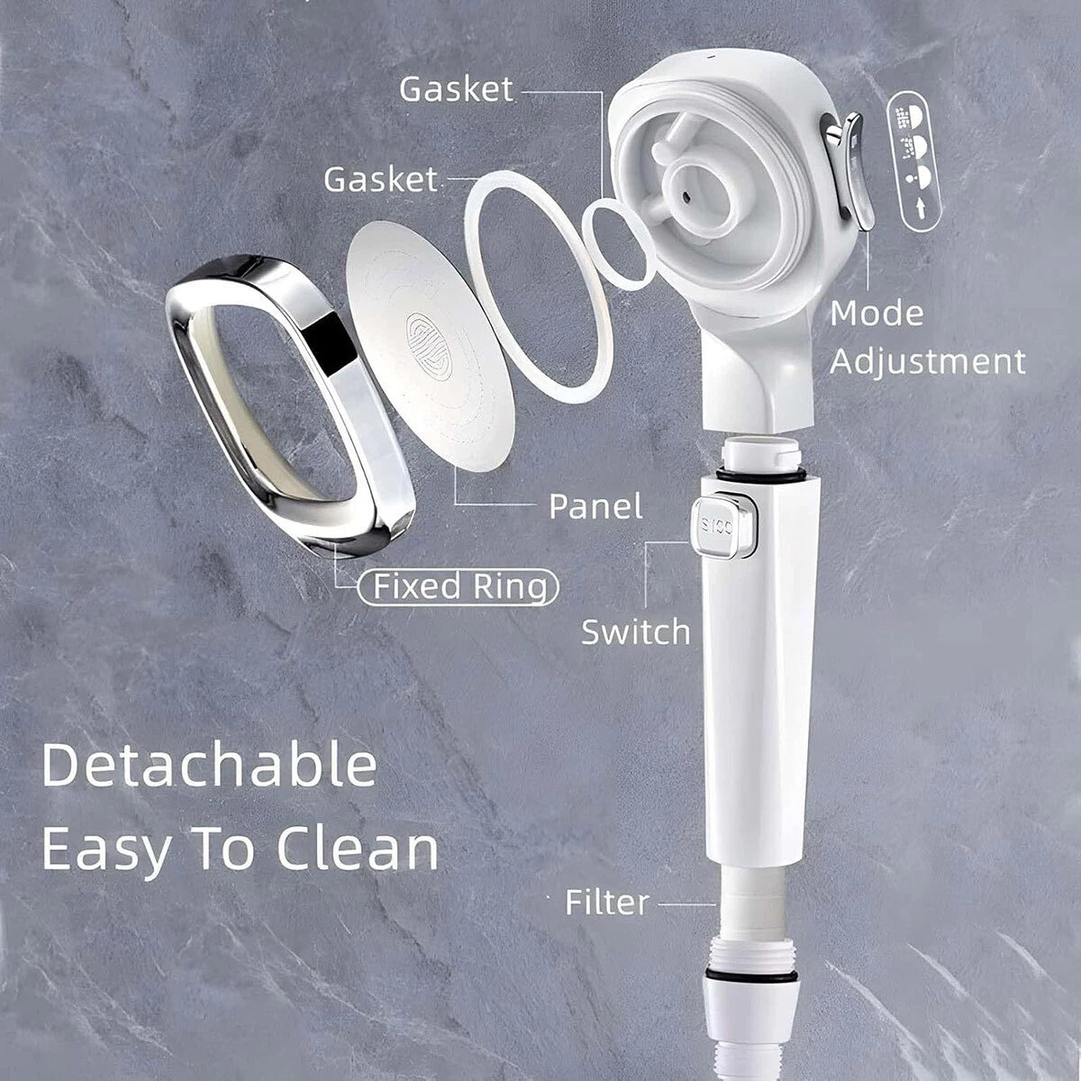 Adjustable High Pressure Water Saving Spray 4 Modes Shower Head Filter White