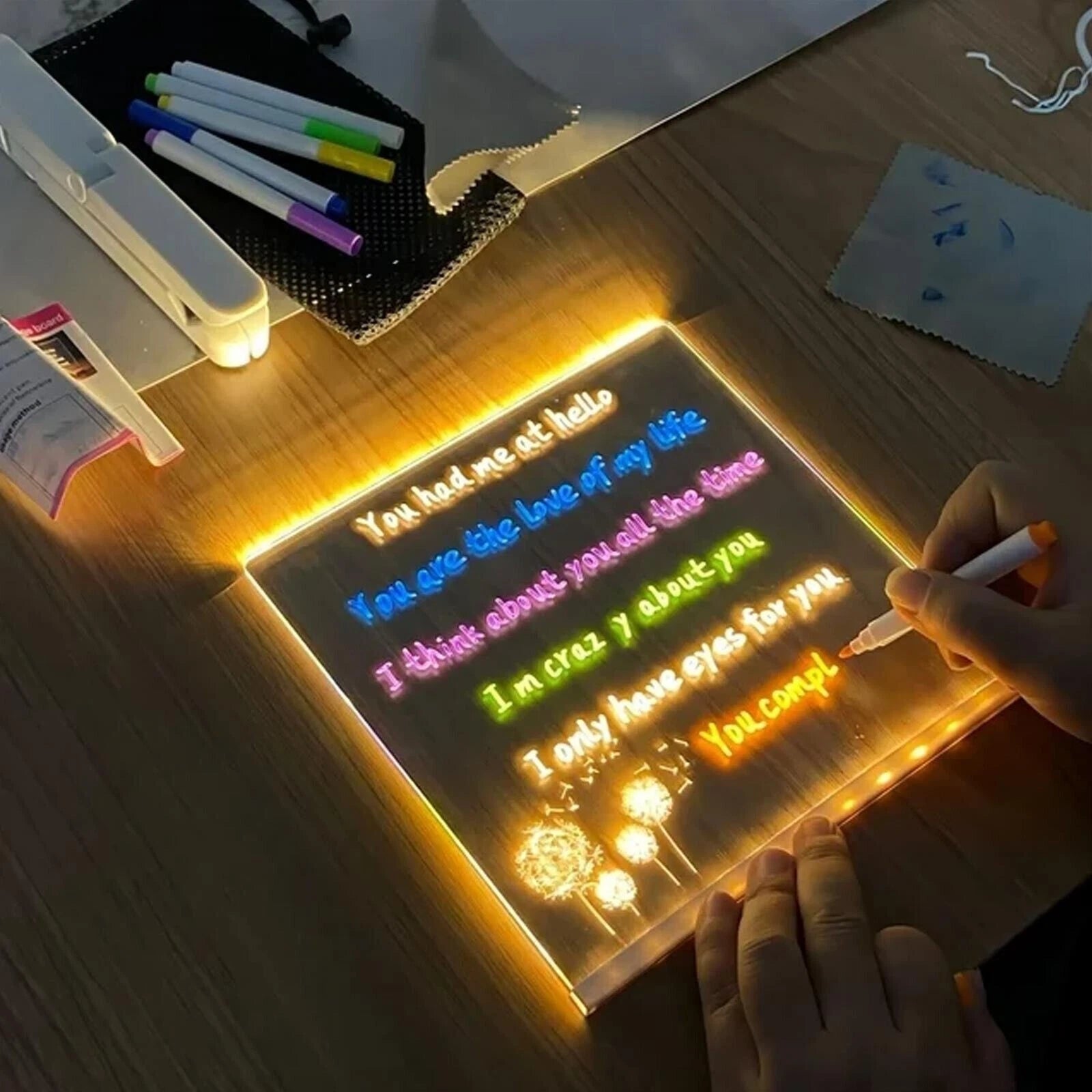 Illuminated Drawing Board LED Note Board 7 Coloured Pens Acrylic Dry Erase Small