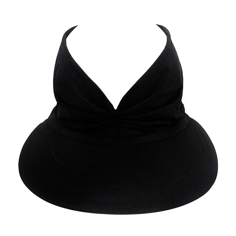 Summer Women Sport Pony Tail Visor Hat Swimming Cap Wide Brim Sun Shade Black