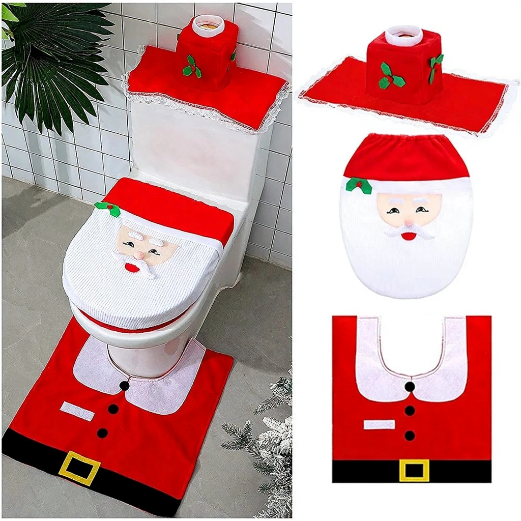 Christmas Home Decor Santa Toilet Seat Cover Rug Bathroom Set Decoration