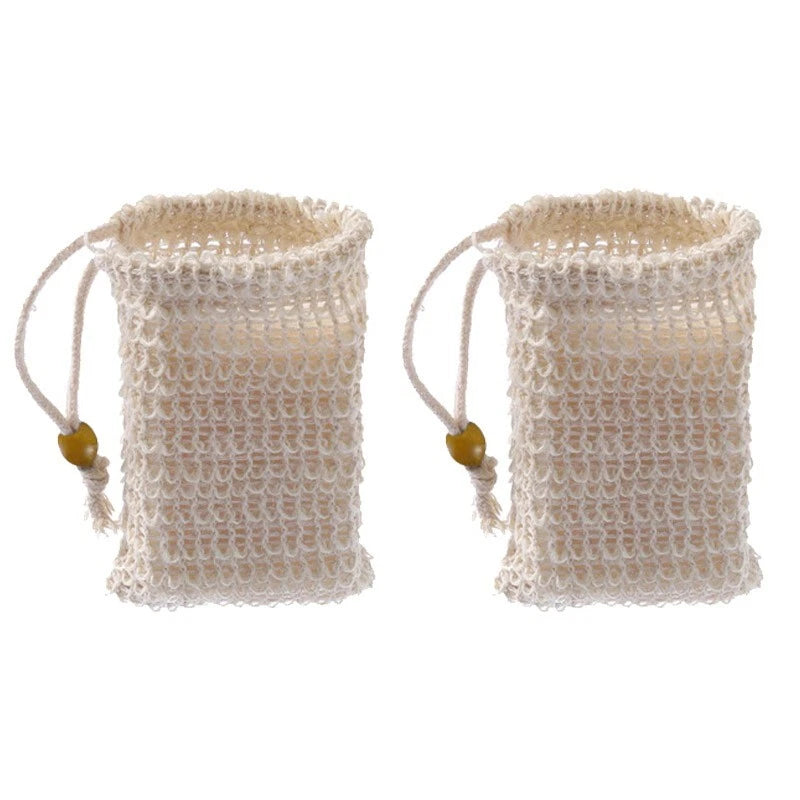 2PCS Flax Foaming Net Soap Saver Bag Pouch Drawstring Soap Exfoliating Bags