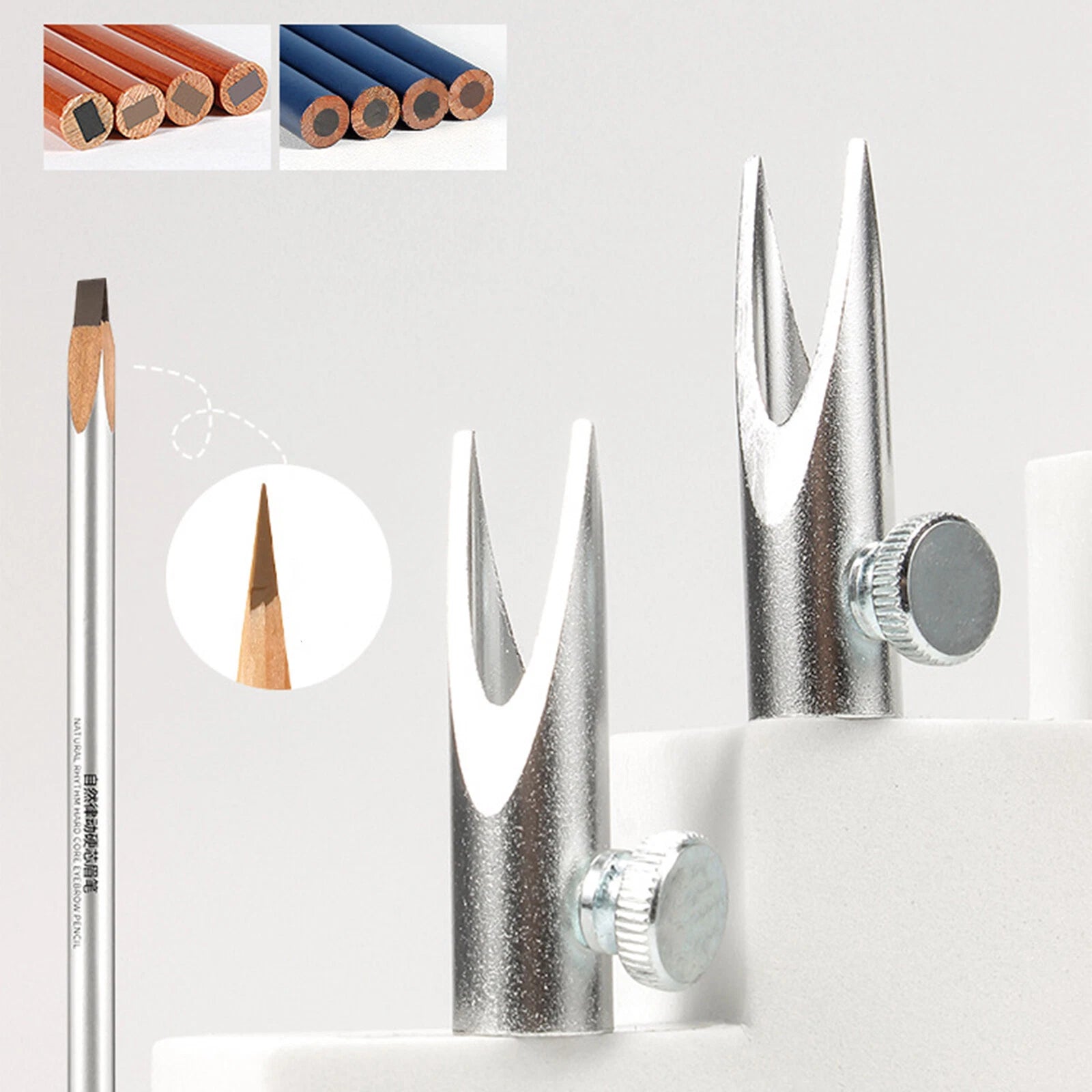 2PCS Cylindrical Metal Eyebrow Pen Sharpener Wide Application Makeup Tool Silver