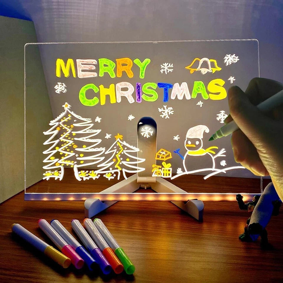 Illuminated Drawing Board LED Note Board 7 Coloured Pens Acrylic Dry Erase