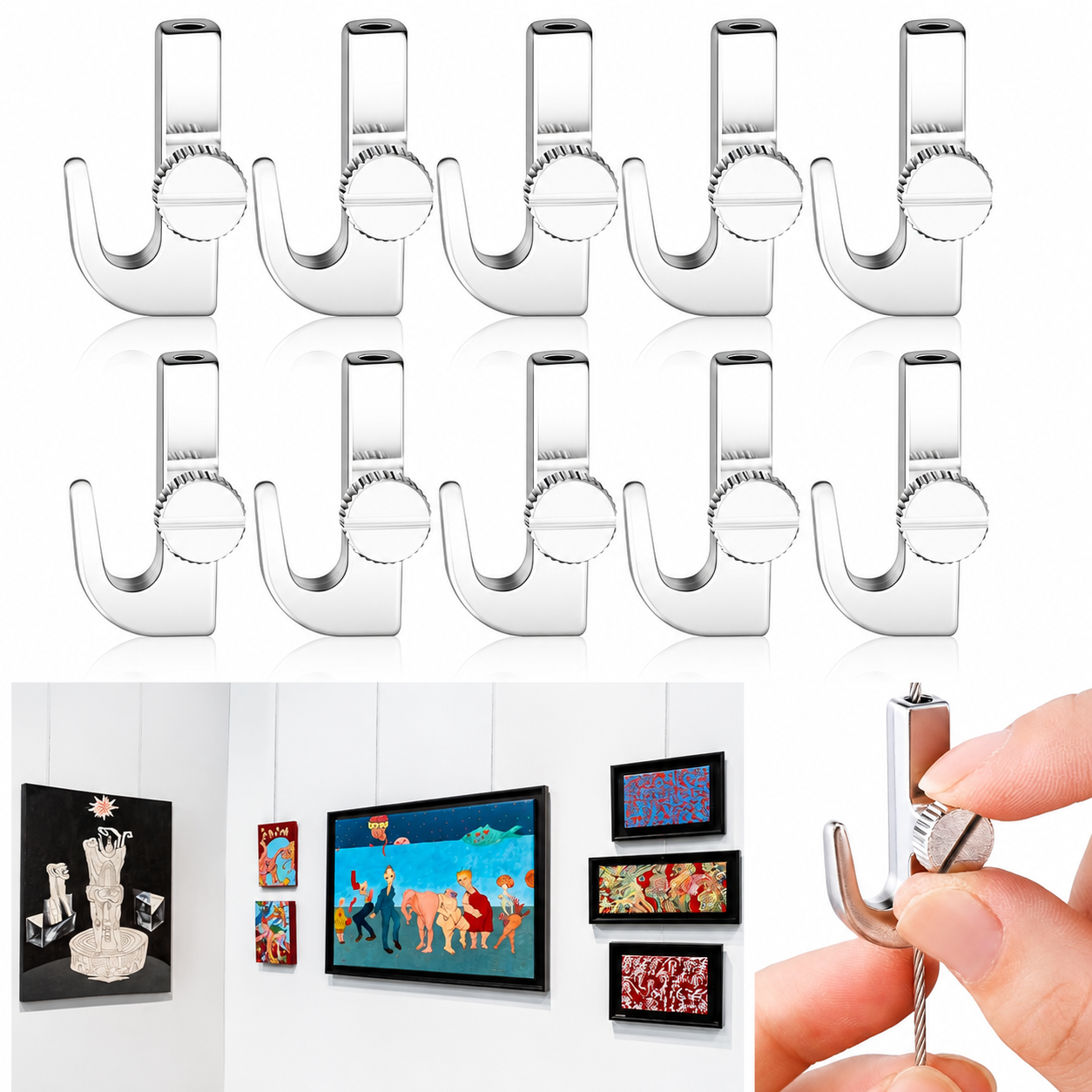 10PCS Adjustable Picture Hooks Perlon Steel Wire Art Hanging System Hangers