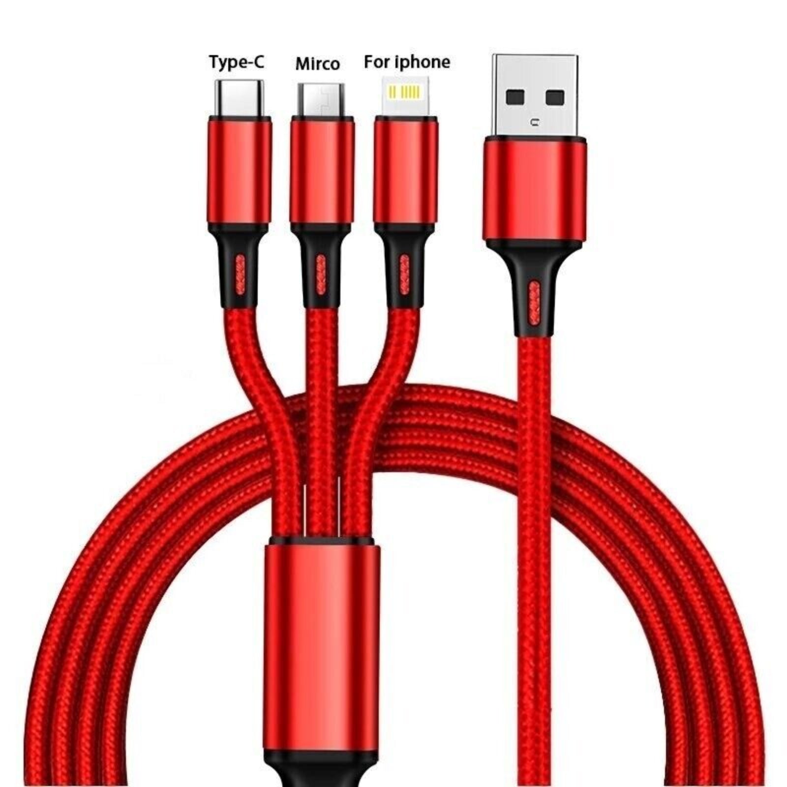 3 In 1 Multi USB Charger Charging Cable Cord For Iphone Micro USB TYPE C Red
