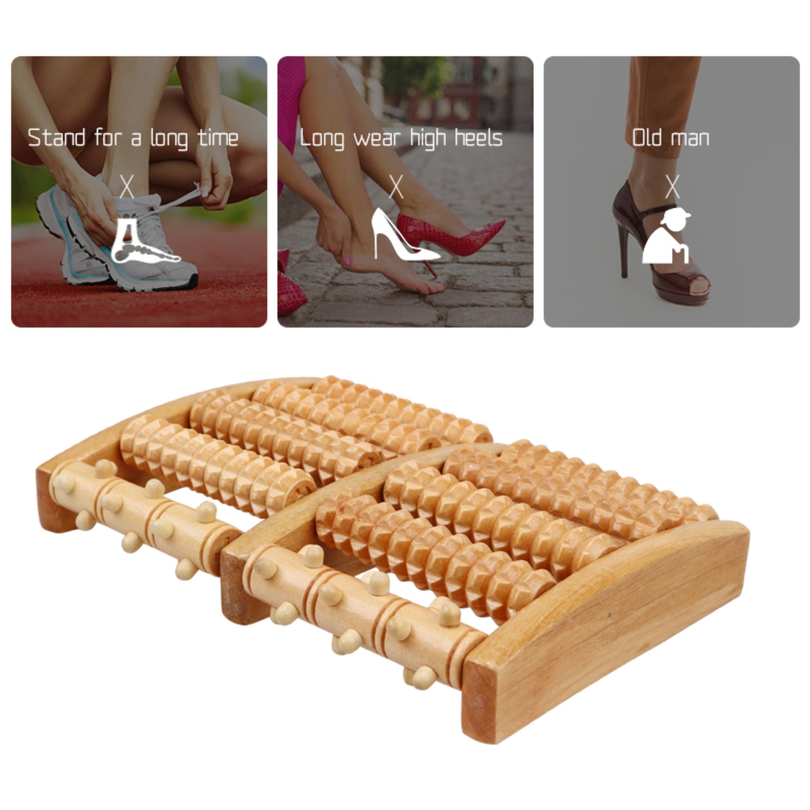 Large Wooden 5 Roller Foot Pain Massager Care Reflexology Relax Stress Relief