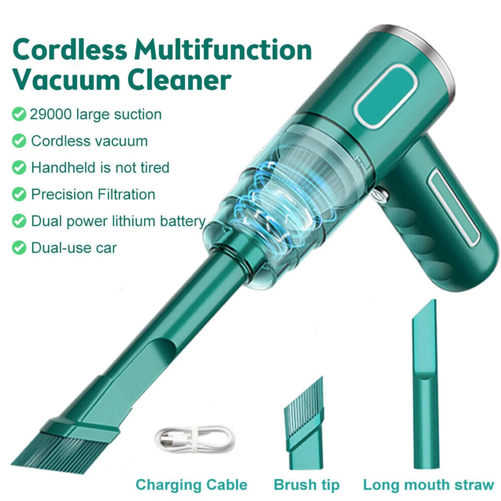 Cordless Handheld Vacuum Cleaner Car Mini Wireless Vacuum USB Rechargeable Green