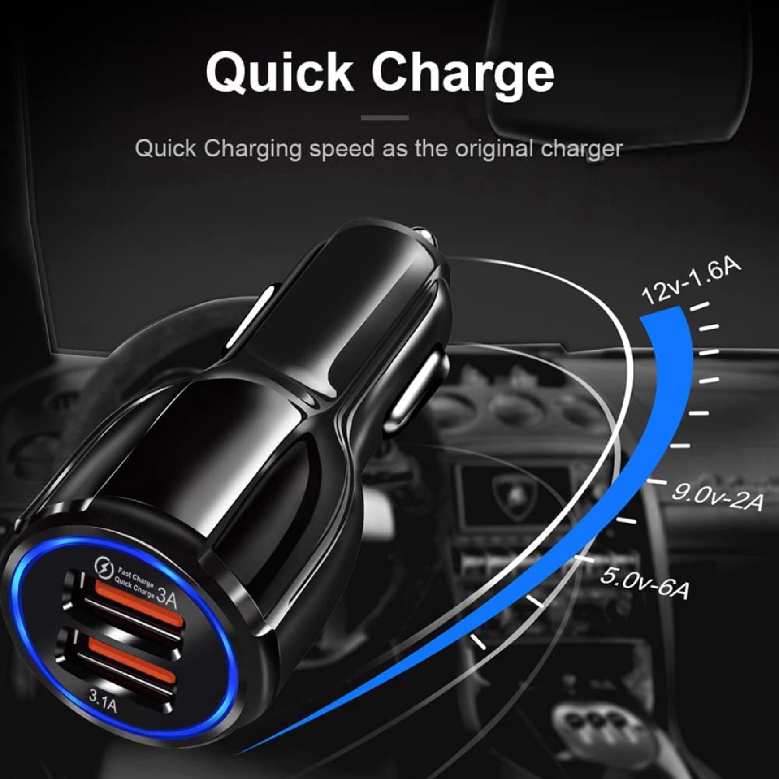 Fast Dual Port Car Charger 3.1A USB Quick Charger Qualcomm QC3.0 Lighter Socket