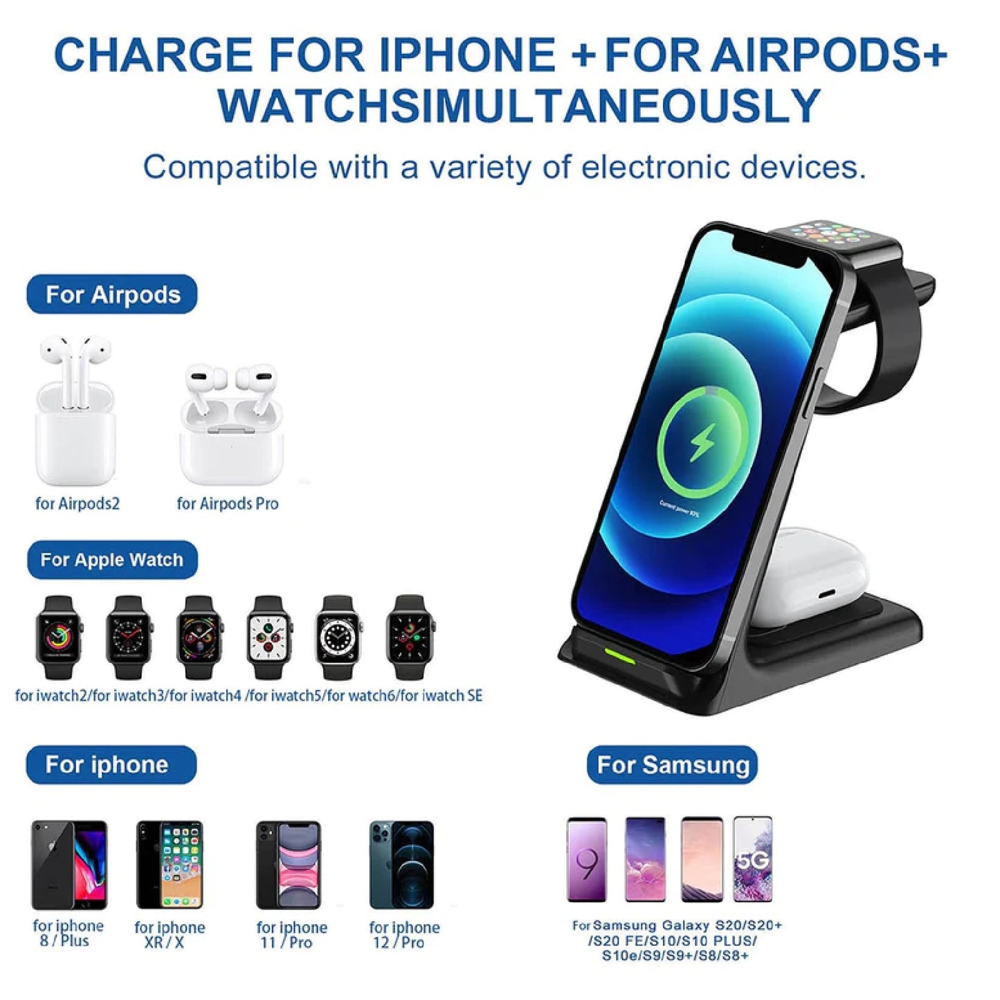 3 In 1 Wireless Fast Charger Dock Charging Station Apple Watch IPhone Airpods