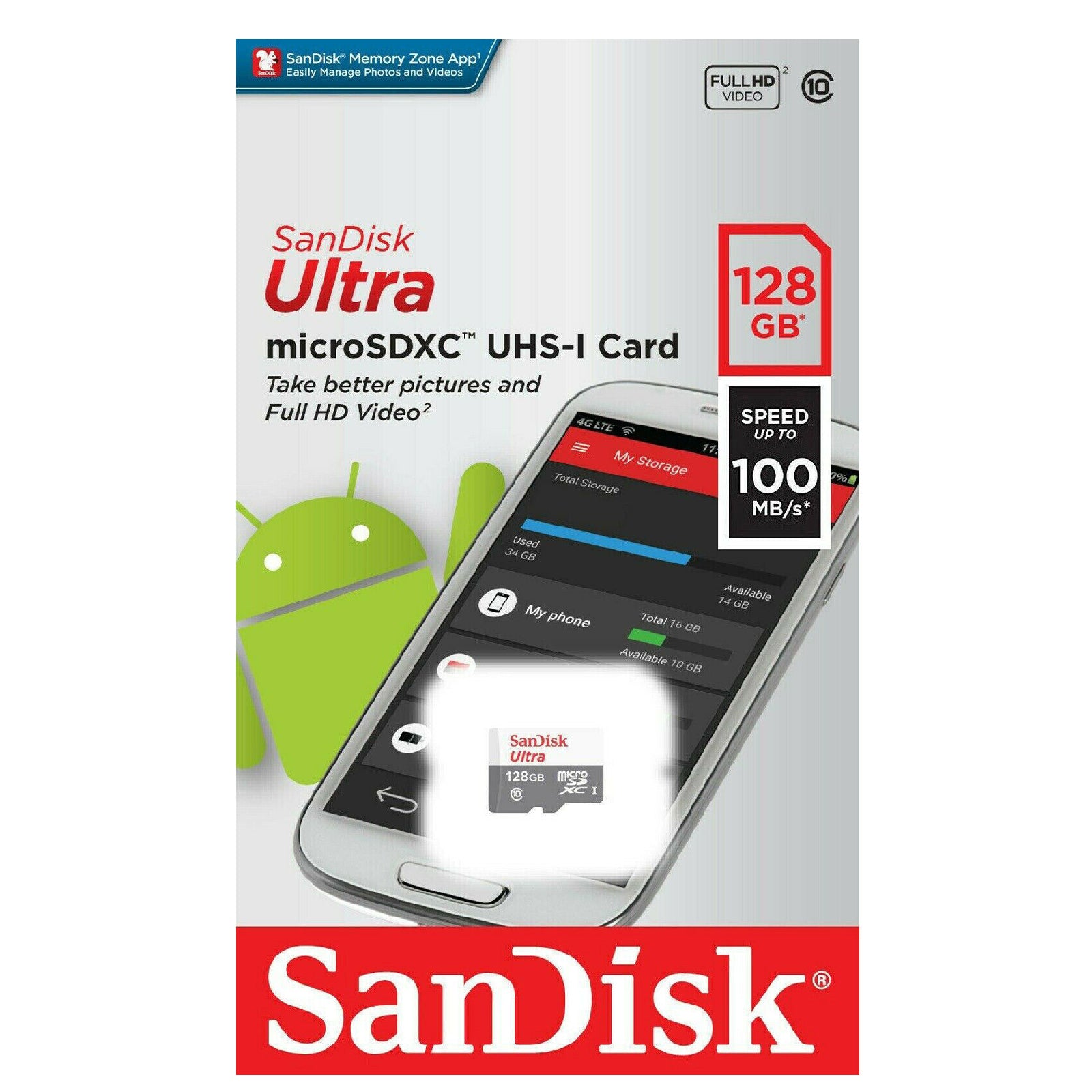 SanDisk Ultra 128GB Micro SD SDXC Card 100MB/S Mobile Tablet Memory Card Full HD