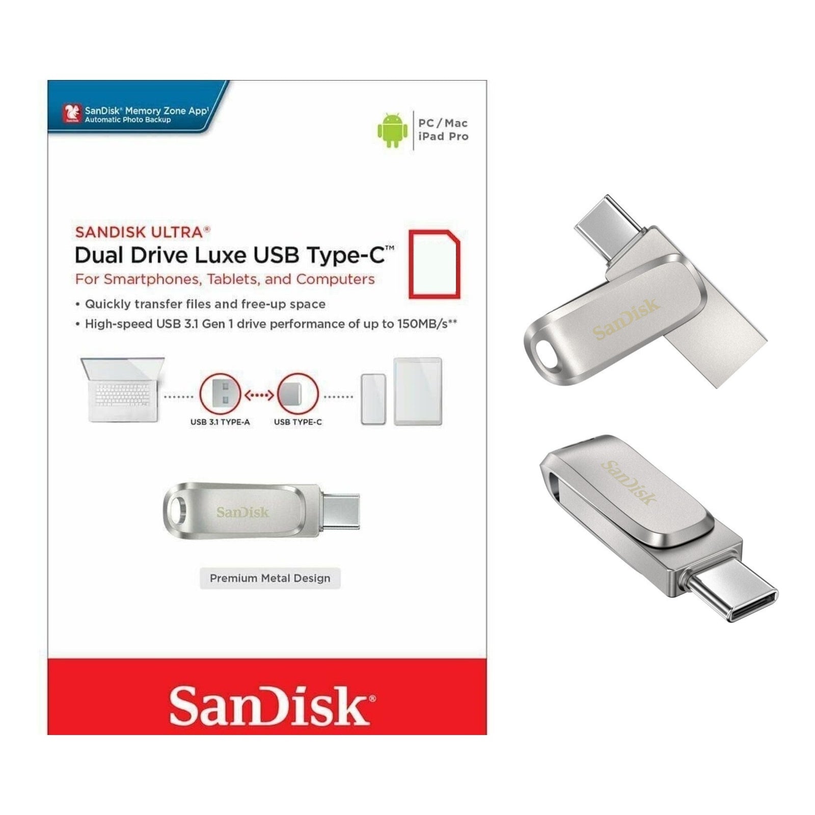SanDisk Ultra Luxe Dual Drive 32 64GB 128GB 256GB 512GB USB 3.1 Flash Type C OTG