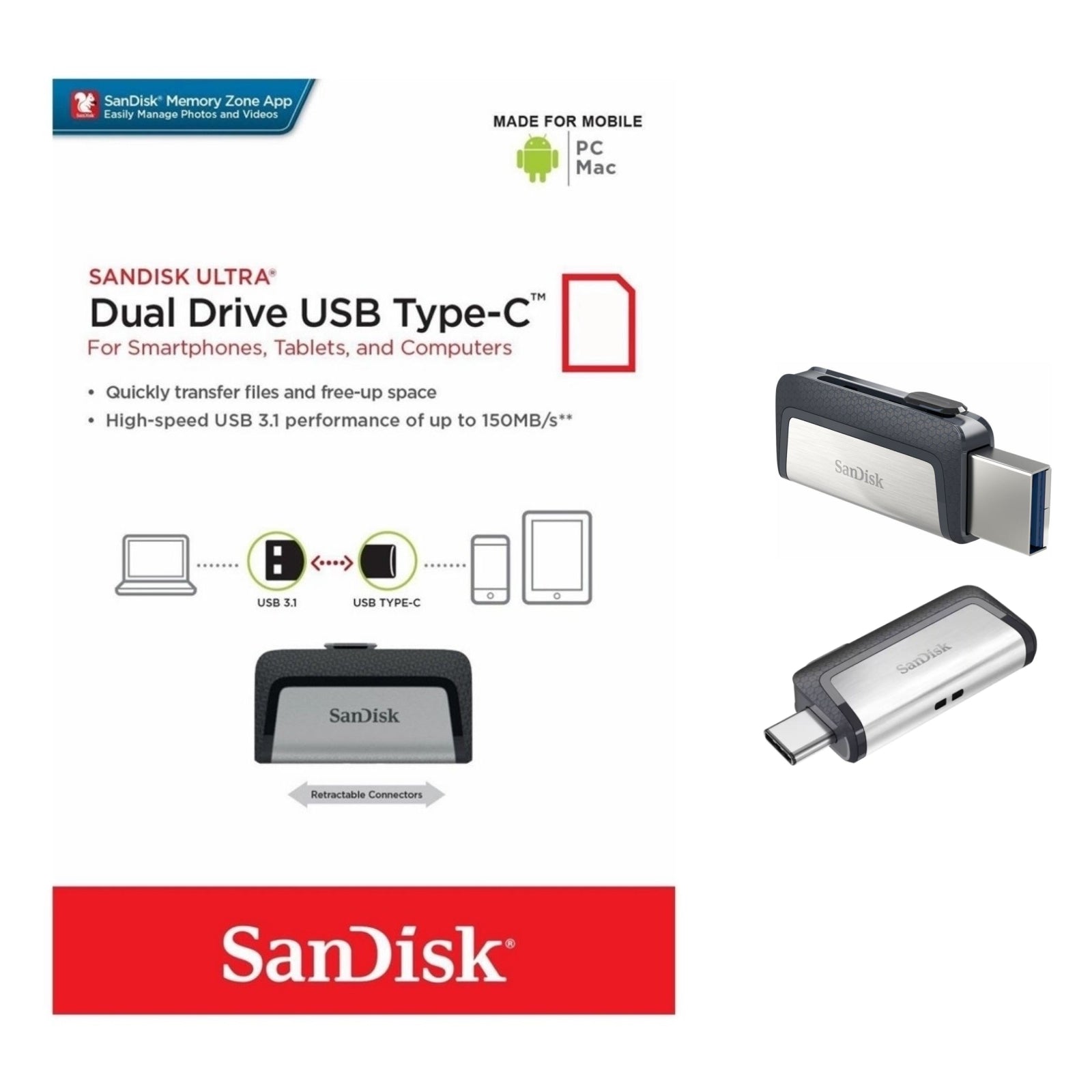 SanDisk Ultra Dual 32GB 64GB 128GB 256GB USB 3.1 Flash Drive Type C Phone OTG
