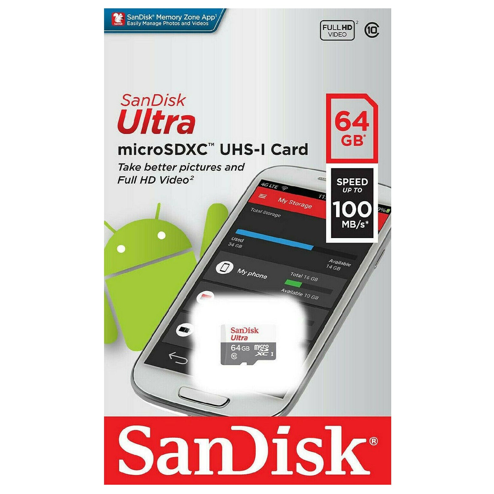 SanDisk Ultra 64GB Micro SD SDXC Card 100MB/S Mobile Tablet Memory Card Full HD