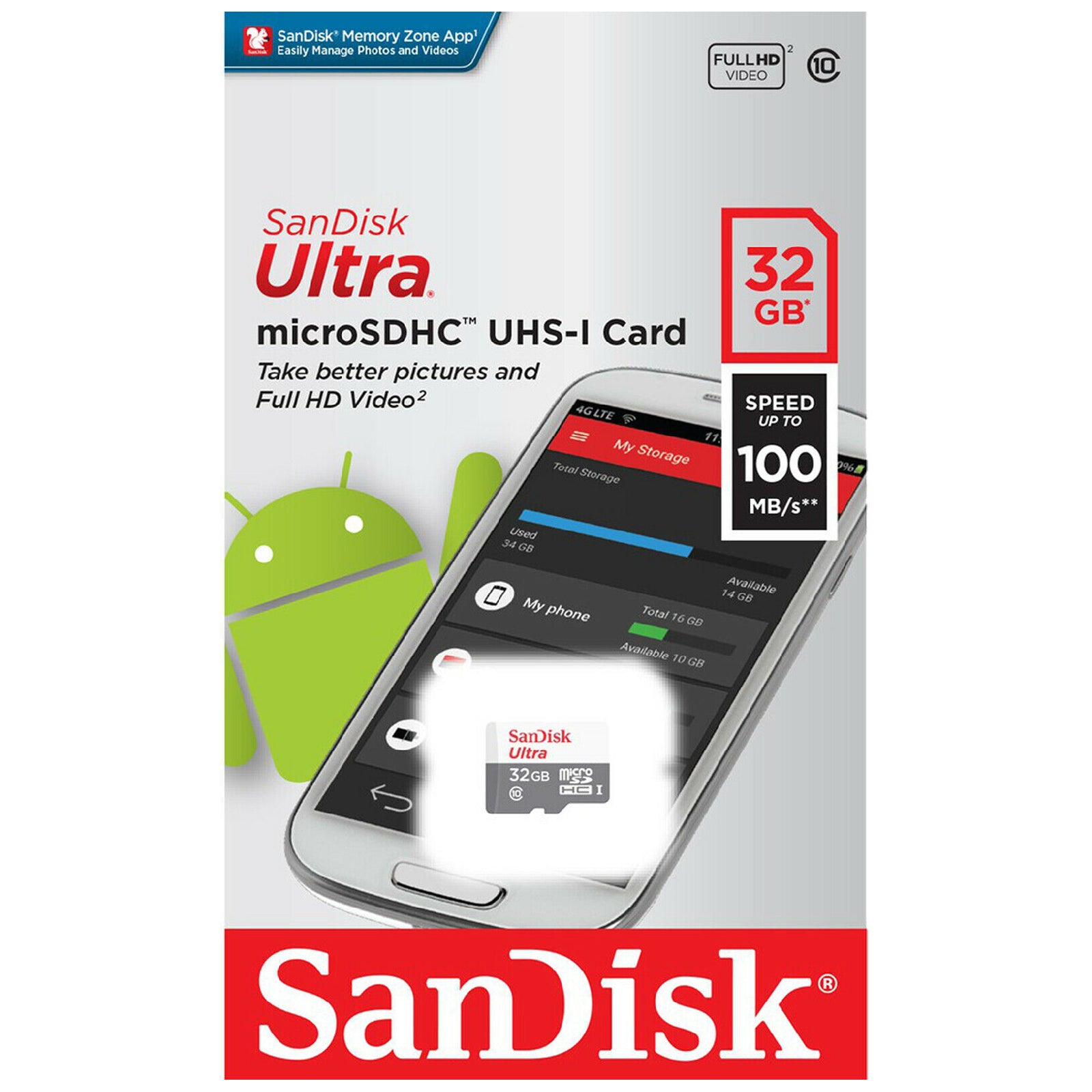 SanDisk Ultra 32GB Micro SD SDHC Card 100MB/S Mobile Tablet Memory Card Full HD