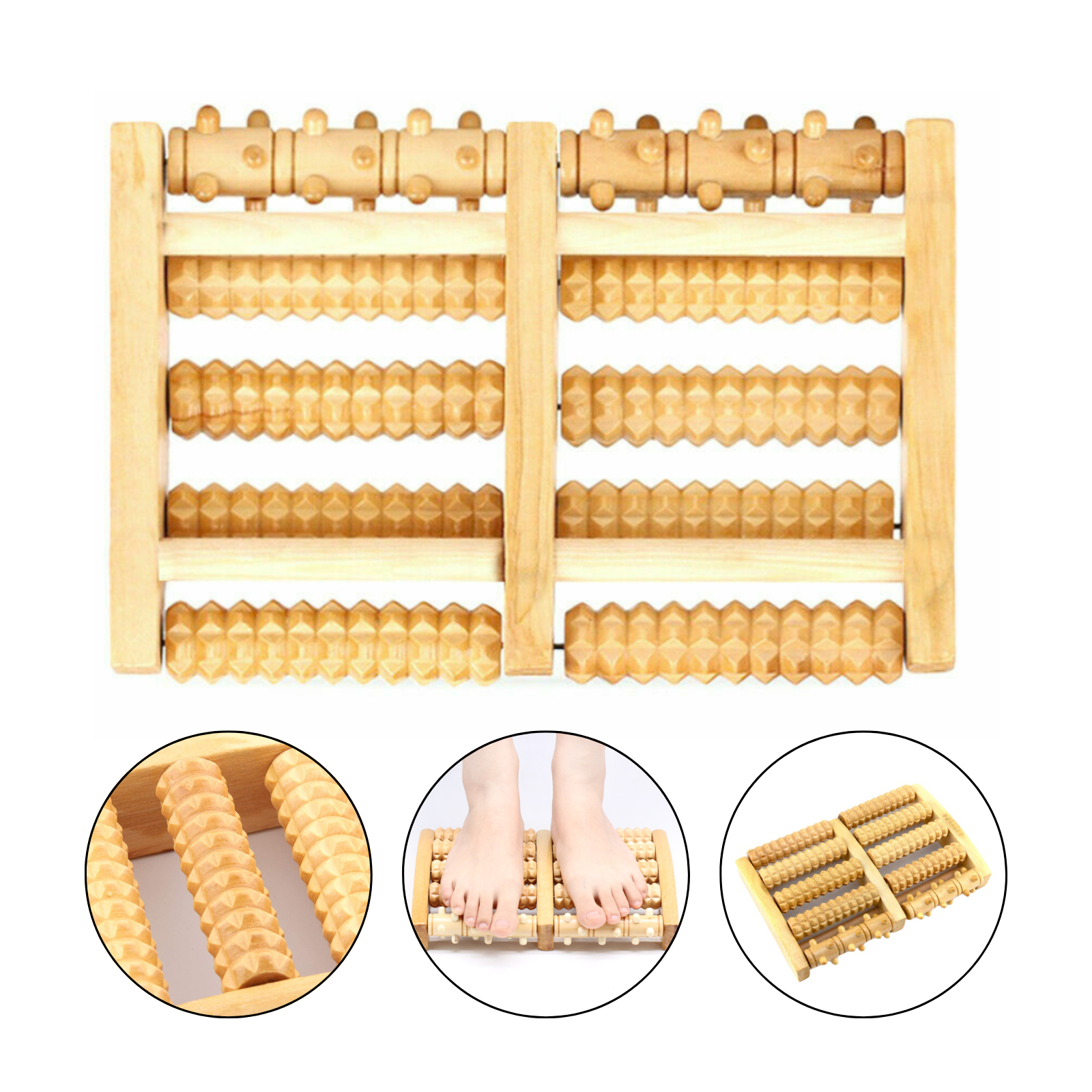 Large Wooden 5 Roller Foot Pain Massager Care Reflexology Relax Stress Relief