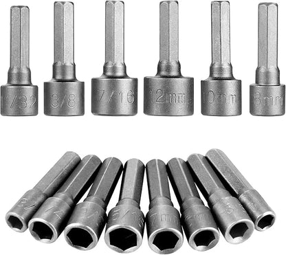 14x SAE Metric Socket Wrench Screw 1/4''Hex Shank Nut Driver Drill Bit Set