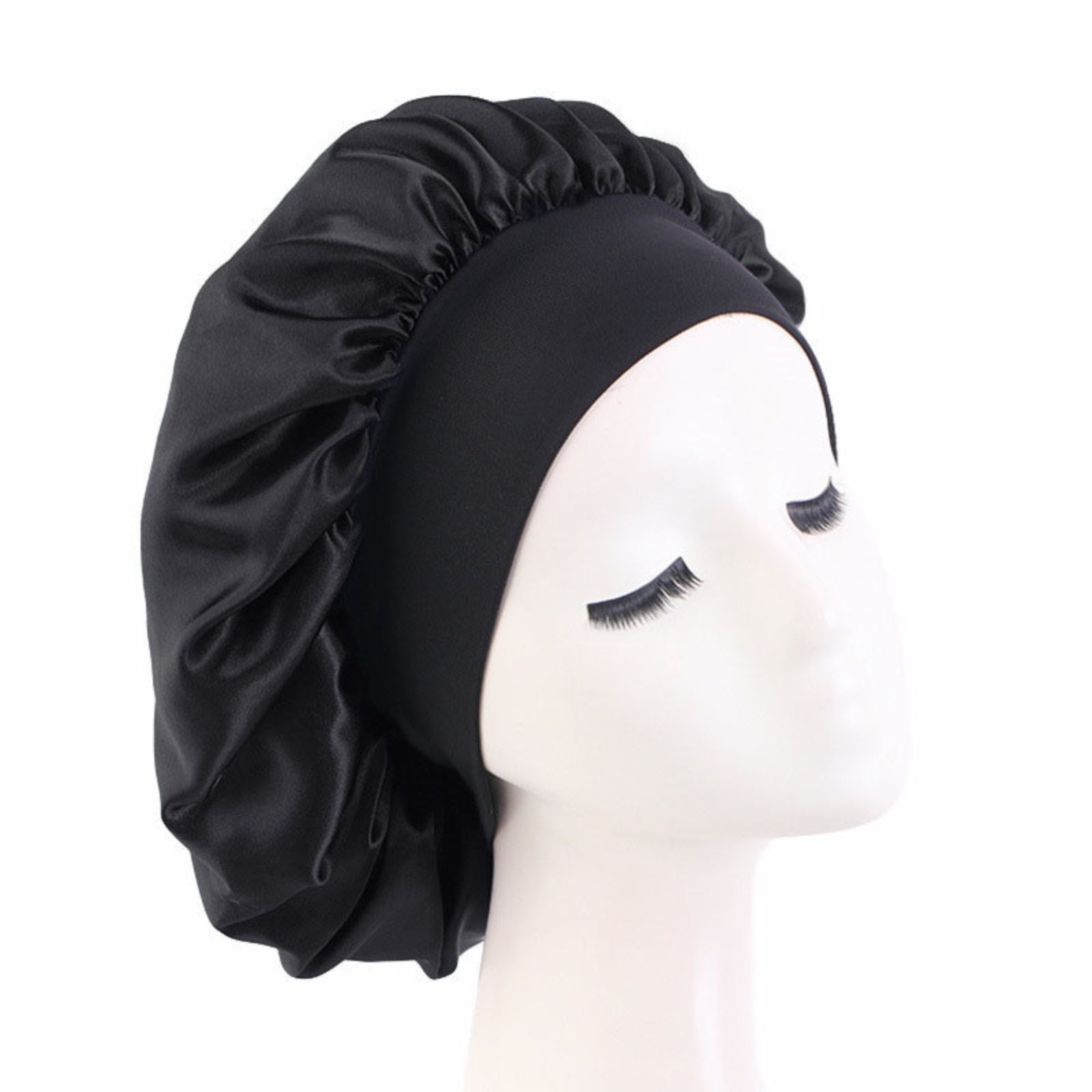 Black Elastic Satin Night Soft Sleeping Bonnet Hair Wrap Silk Cap Women