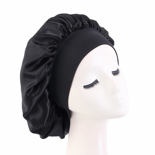 Black Elastic Satin Night Soft Sleeping Bonnet Hair Wrap Silk Cap Women