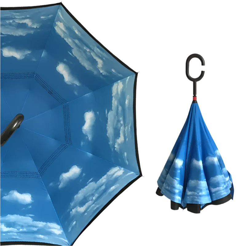Windproof Double Layer Umbrella Reverse C-handle Upside Down Inverted Blue Sky