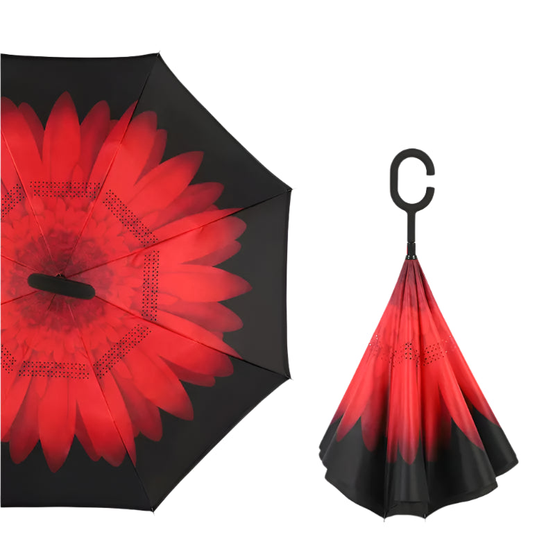 Windproof Double Layer Umbrella Reverse C-handle Upside Down Inverted Red Daisy