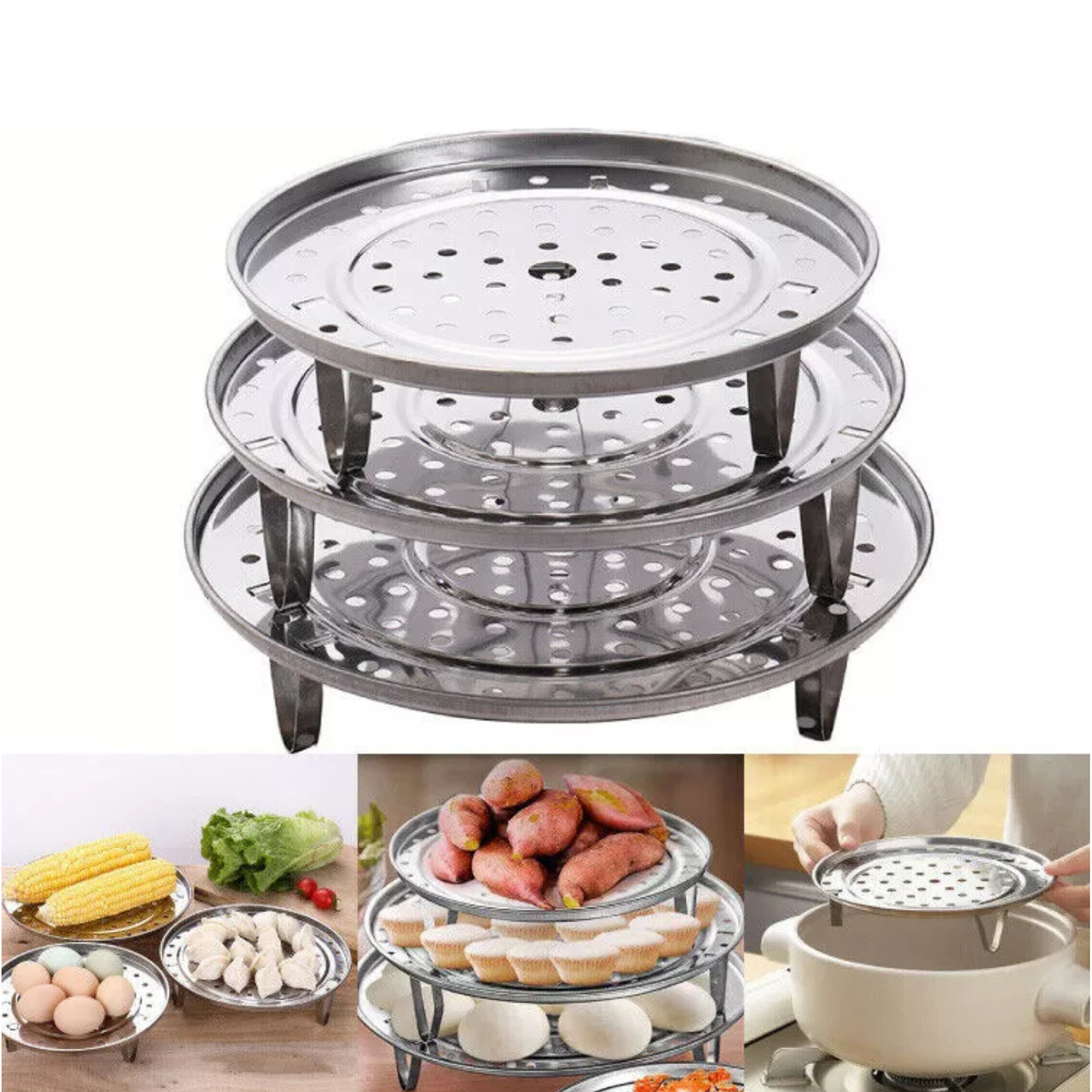 Stainless Steel Steamer Basket Set 3pcs Folding Cooking Tool